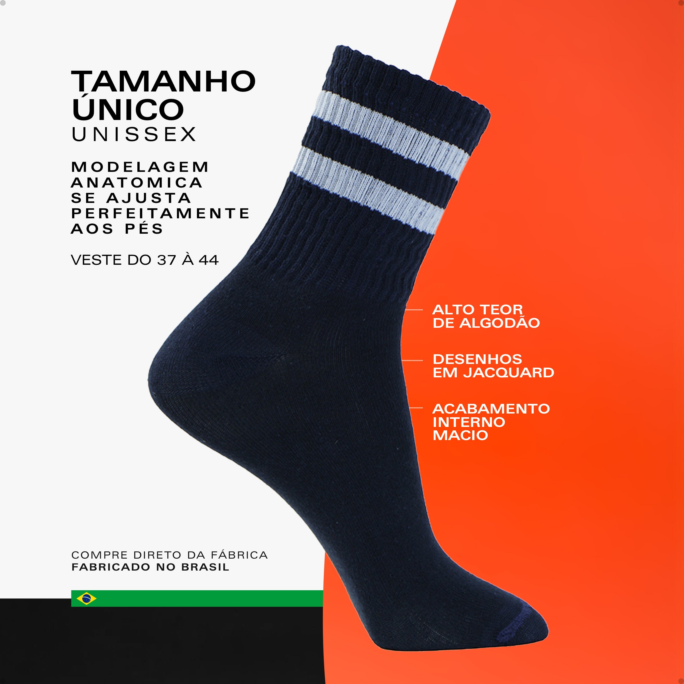 Meia Divertida Estampada Oddo Cano Longo Preta Duas Listras Brancas