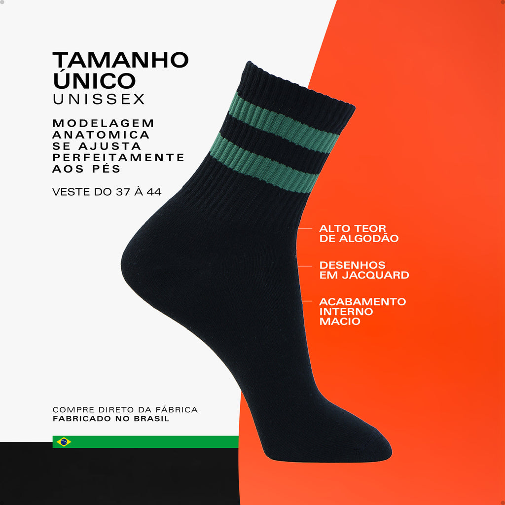 Meia Divertida Estampada Oddo Cano Longo Preta Duas Listras Verdes