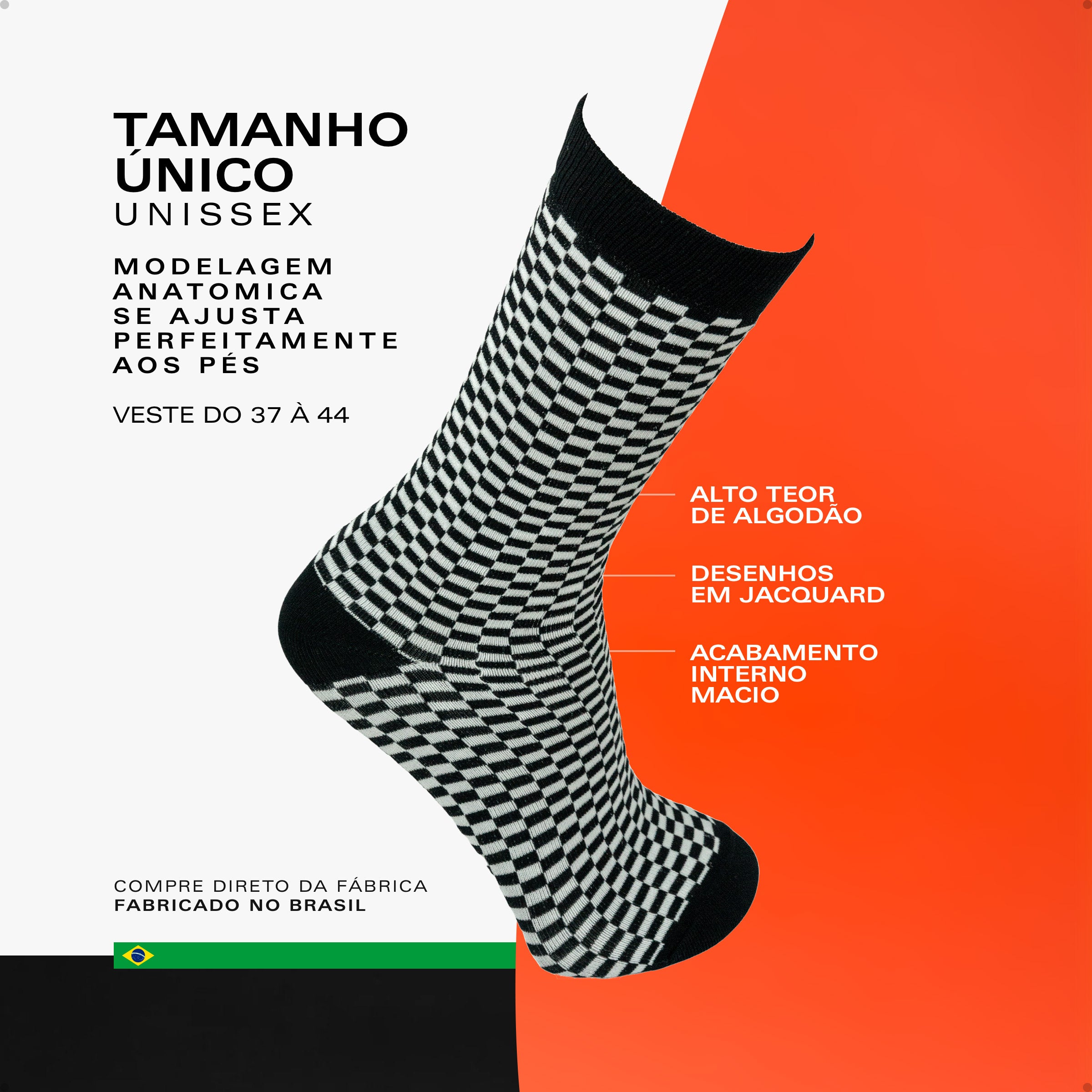 Meia Divertida Estampada Oddo Cano Longo Preta Branca Quadriculada Mini