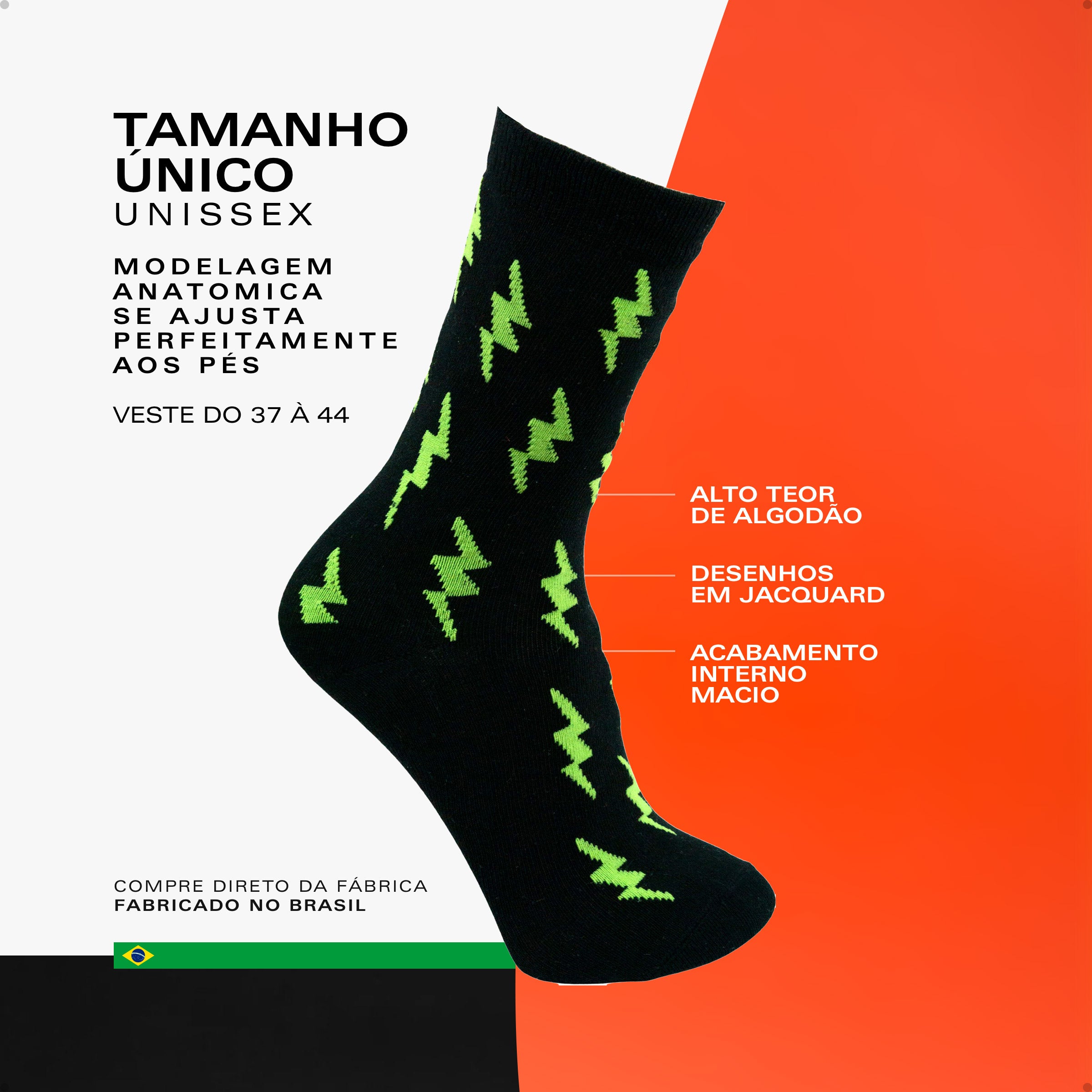 Meia Divertida Estampada Oddo Cano Longo Preta Raio Verde