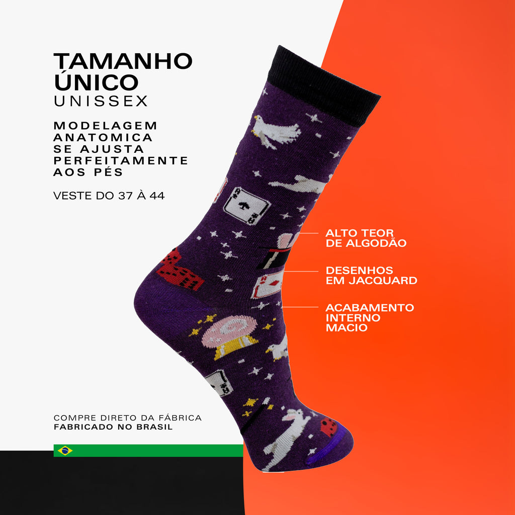 Meia Divertida Estampada Oddo Cano Longo Roxa Magica