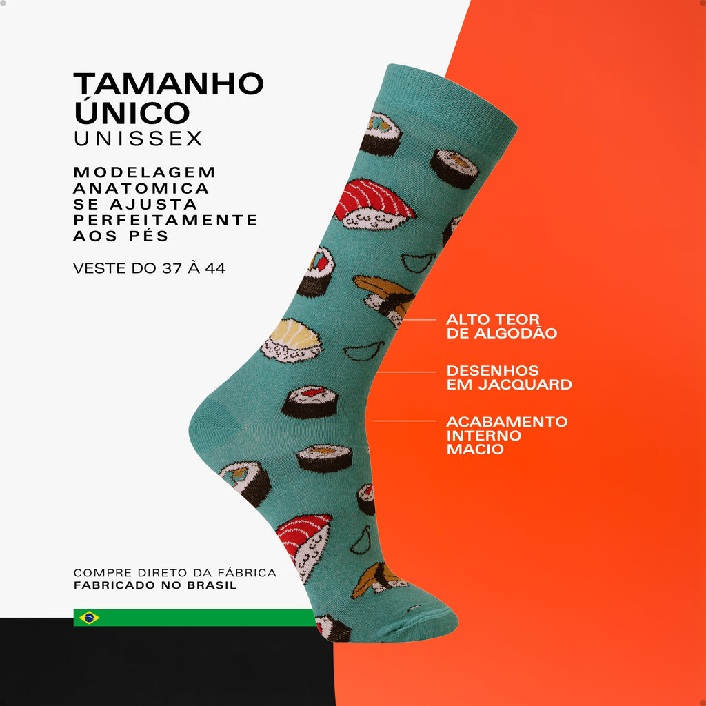Meias Divertida Oddo Cano Longo Verde Sushi