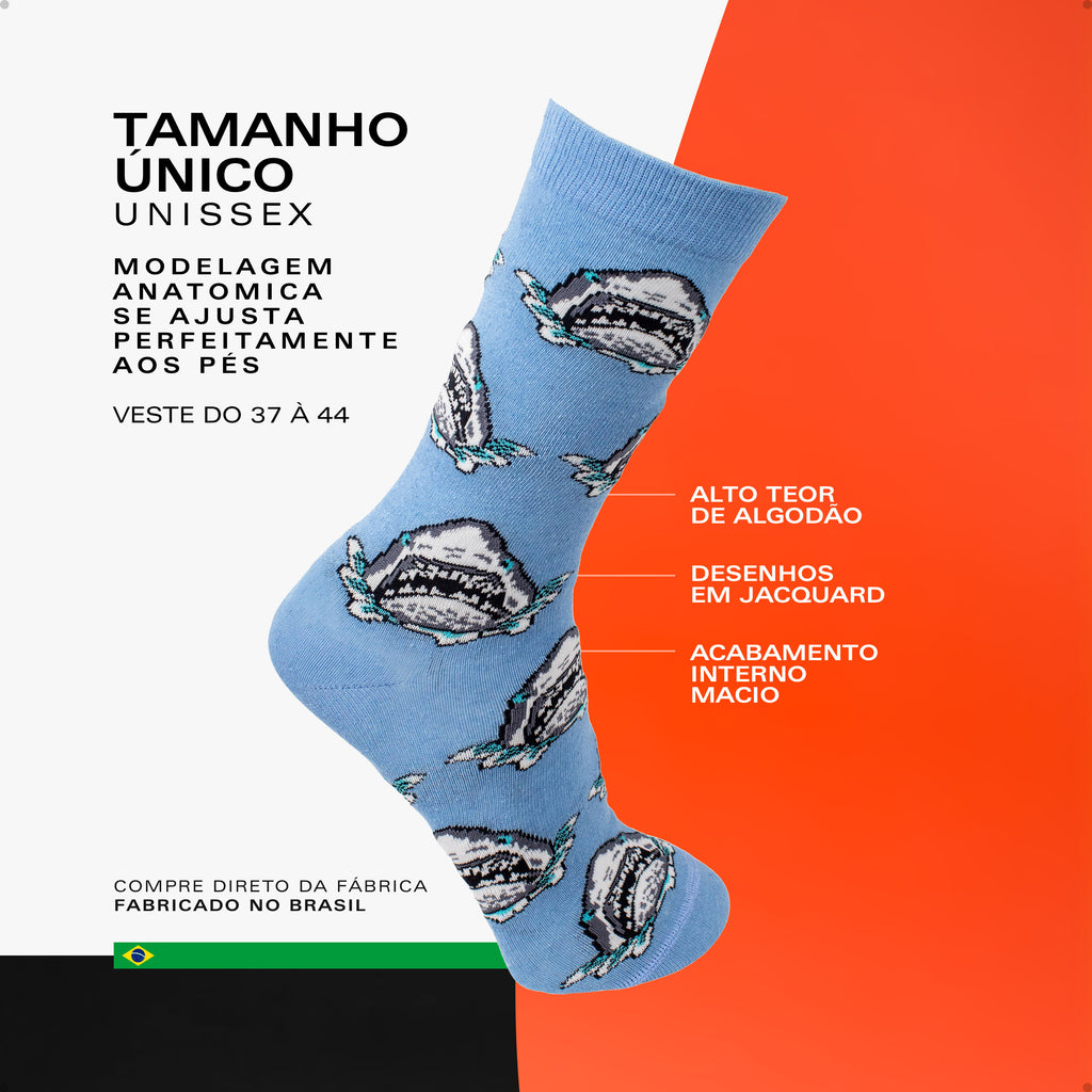 Meia Divertida Estampada Oddo Cano Longo Azul Tubarão Shark
