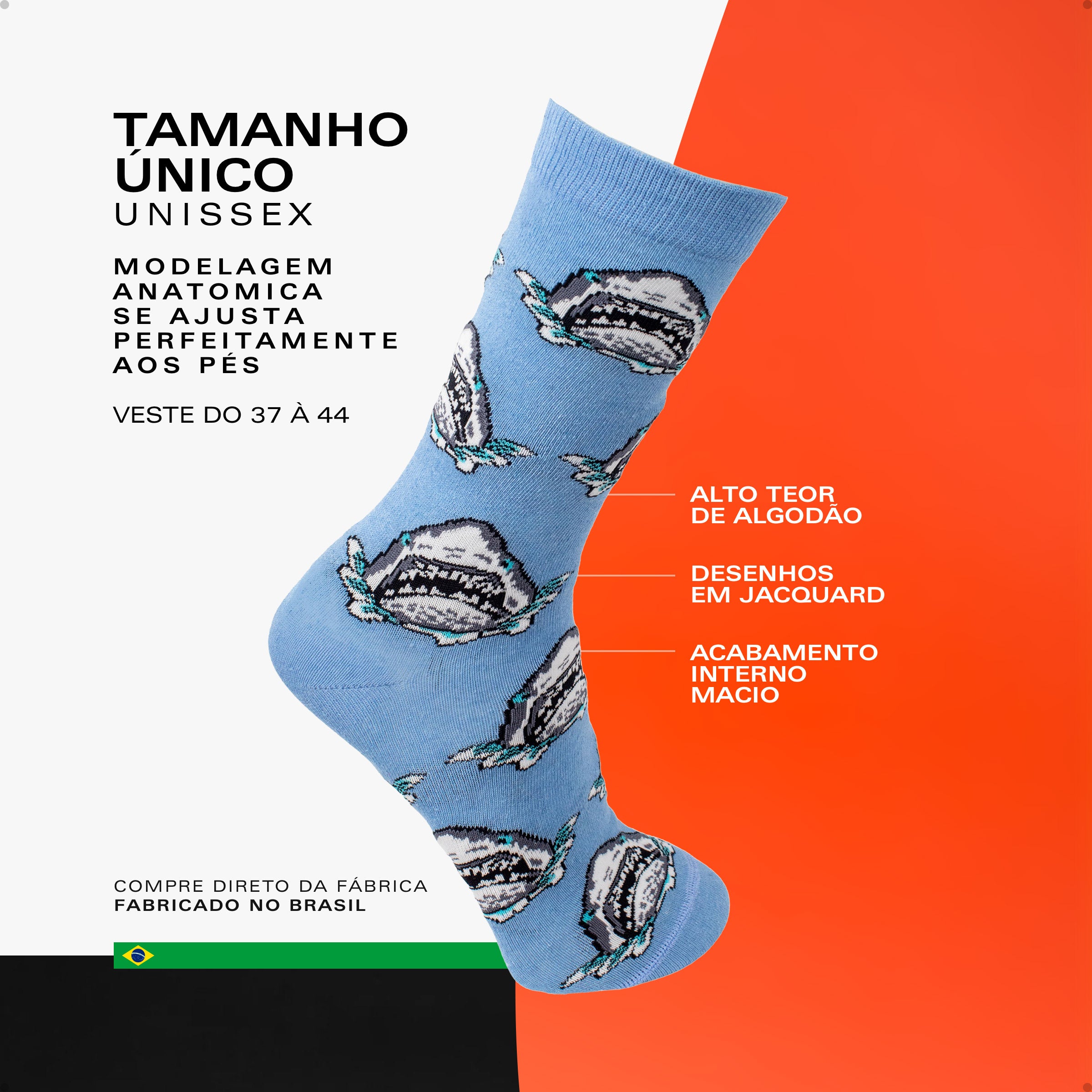 Meia Divertida Estampada Oddo Cano Longo Azul Tubarão Shark