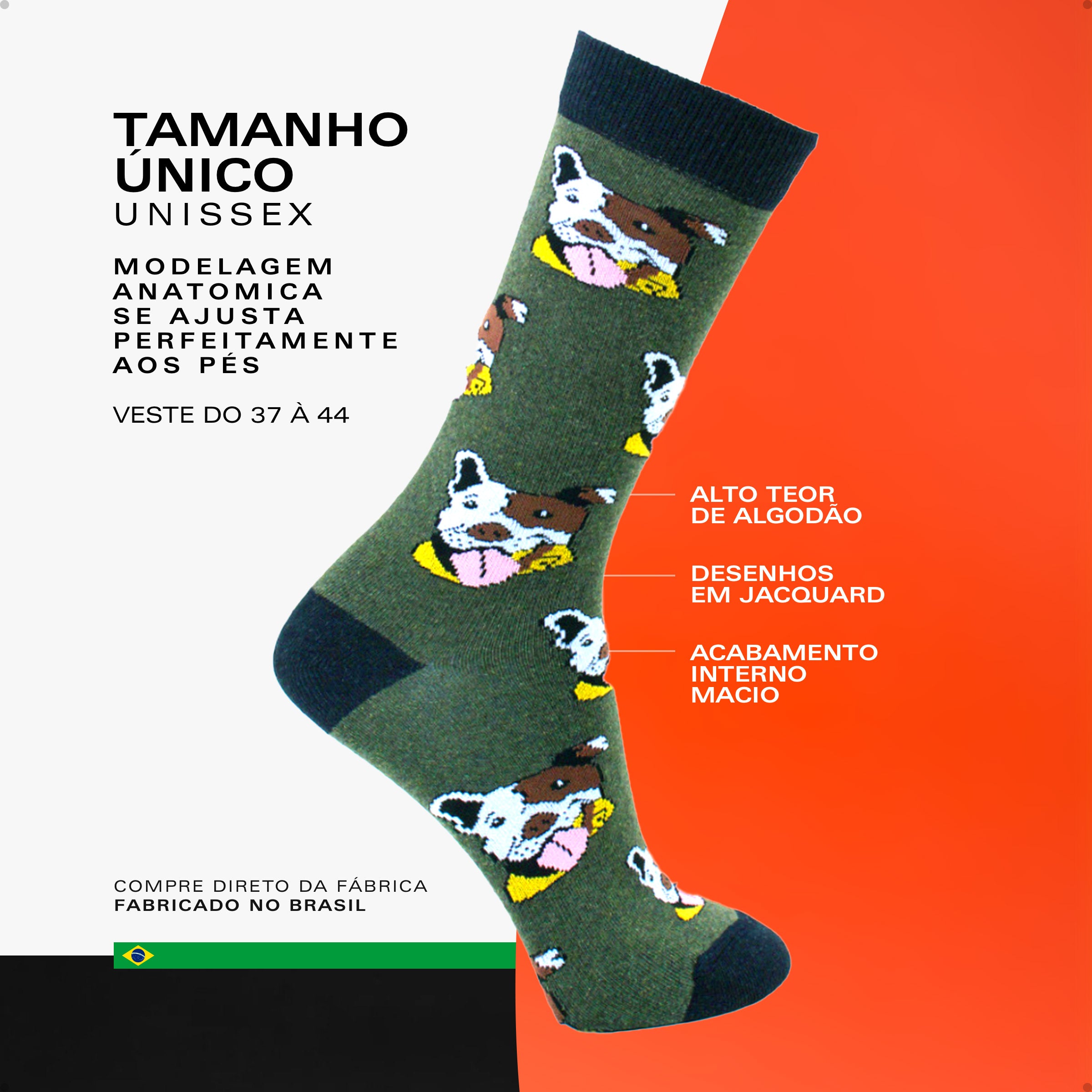 Meia Divertida Estampada Oddo Cano Longo Verde Cachorro