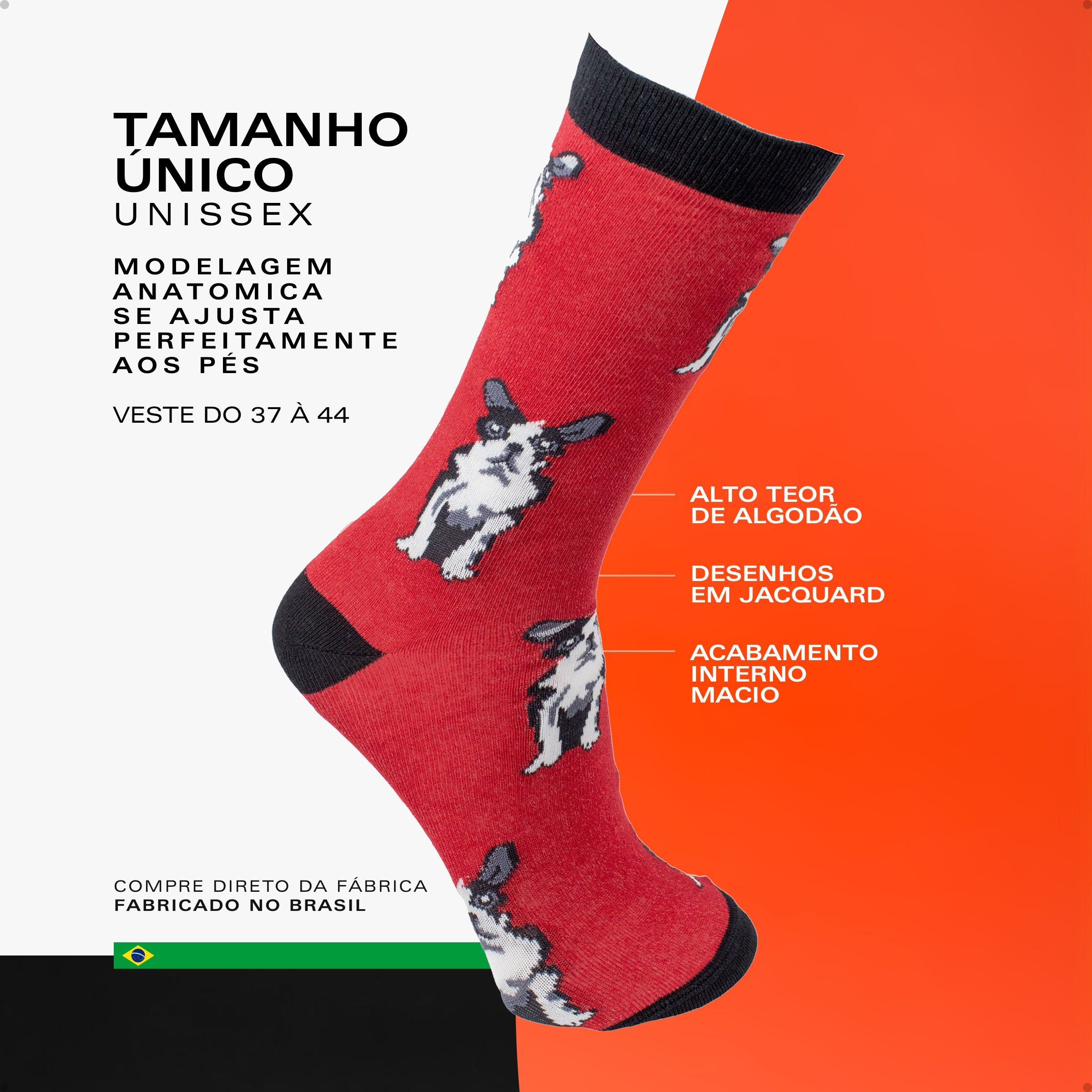 Meia Divertida Estampada Oddo Cano Longo Vermelho Cachorro Bulldog