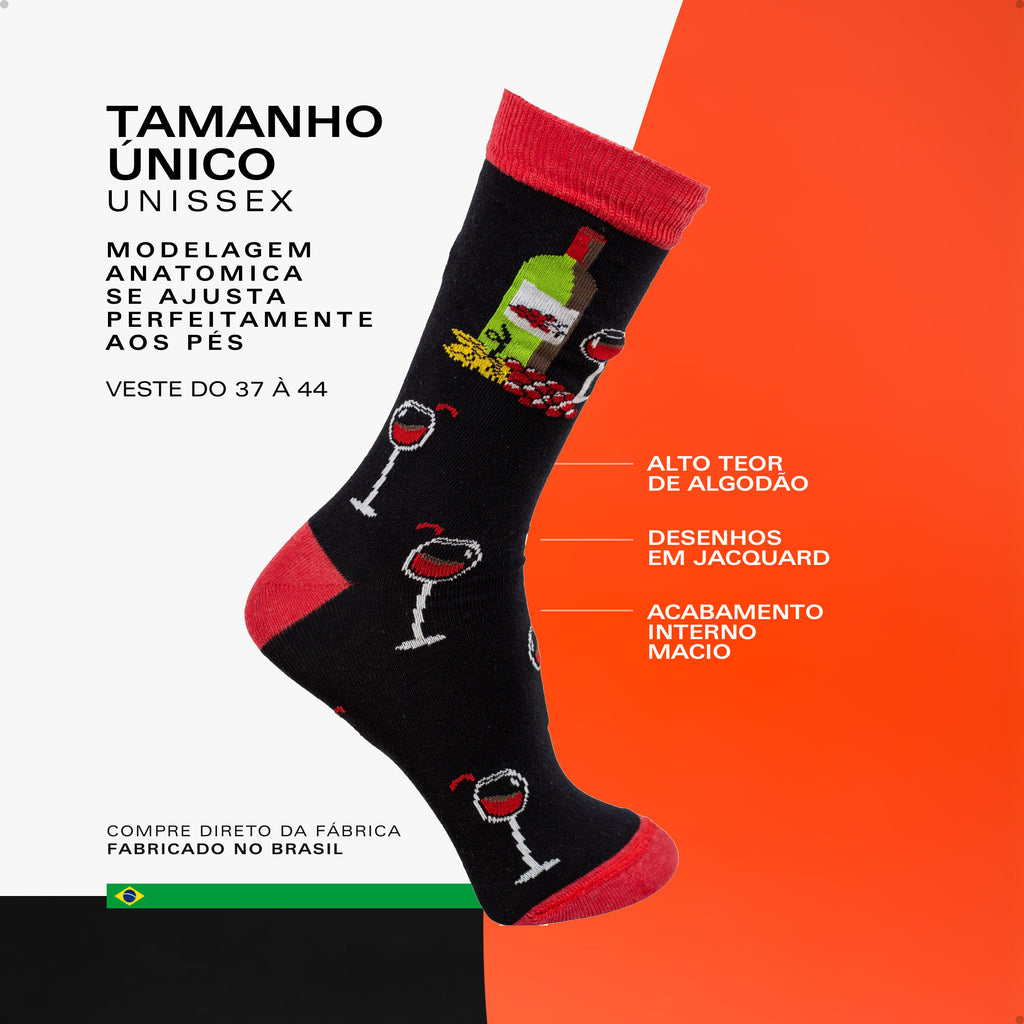 Meia Divertida Estampada Oddo Cano Longo Preta Taça Garrafa de Vinho