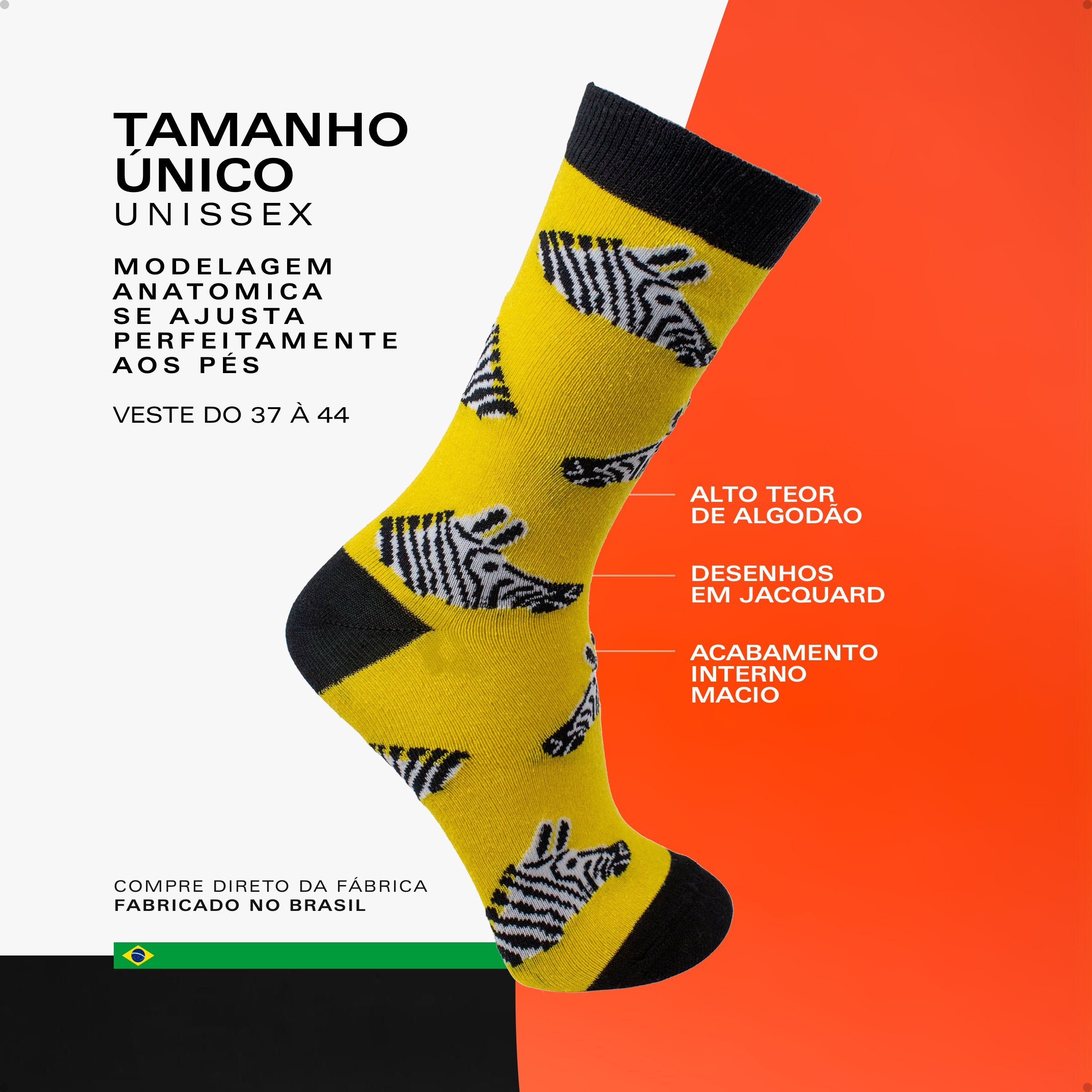 Meia Divertida Estampada Oddo Cano Longo Amarela Zebra