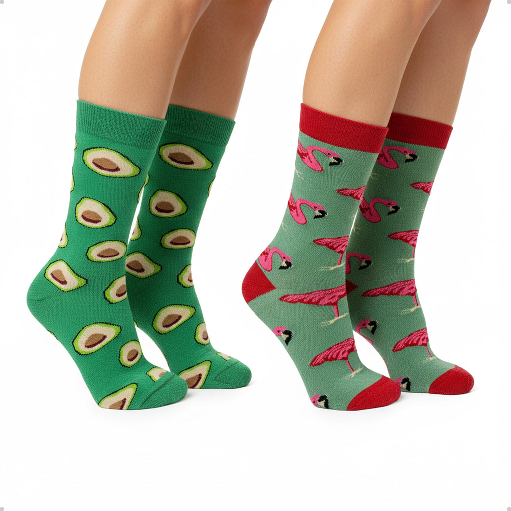 Kit 2 Meias Divertidas Estampadas Oddo Tropical Alegre Flamingo Abacate