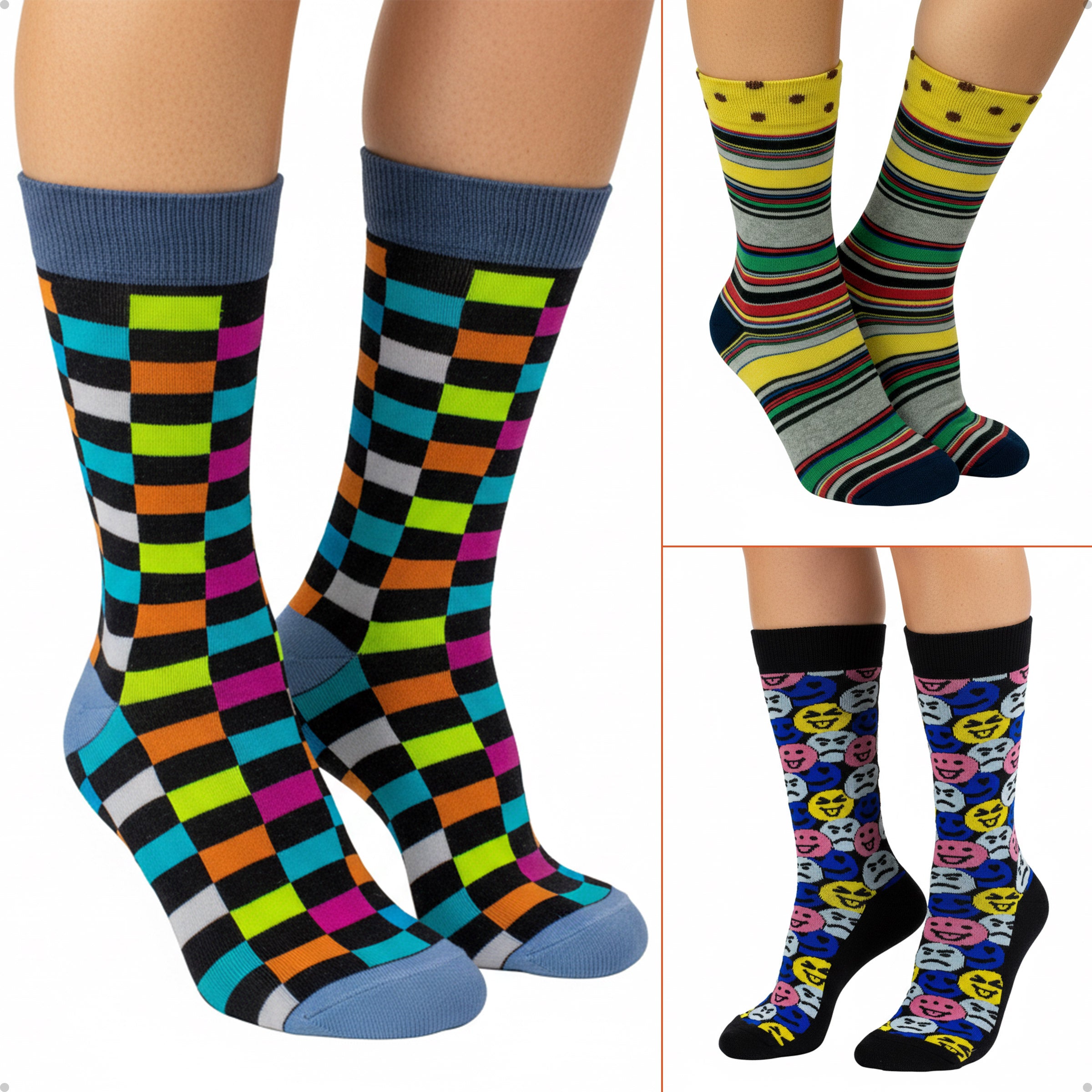 Kit 3 Meias Cano Alto Coloridas Xadrez Emoji Listras