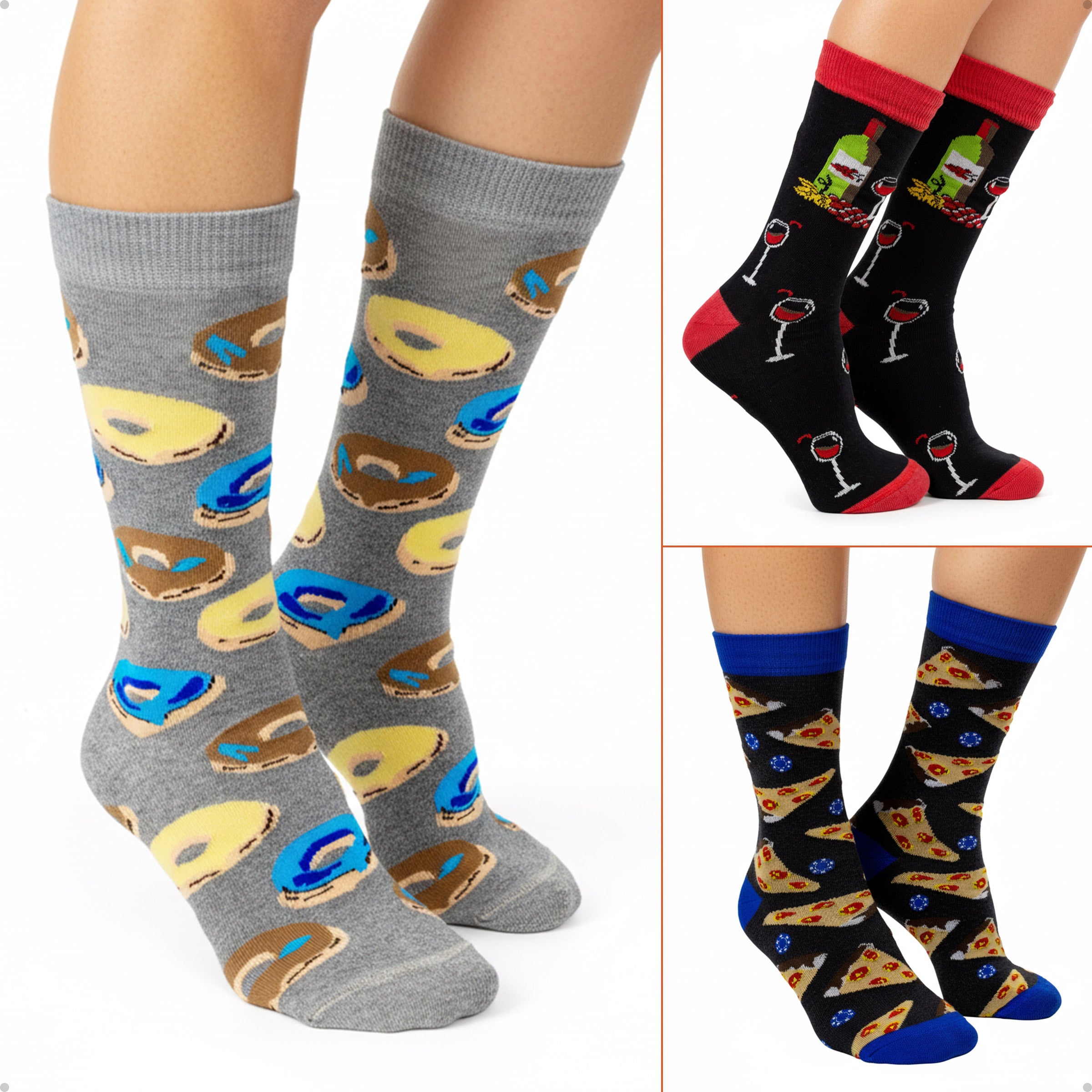 Kit 3 Meias Cano Alto Gourmet Pizza Vinho Donut