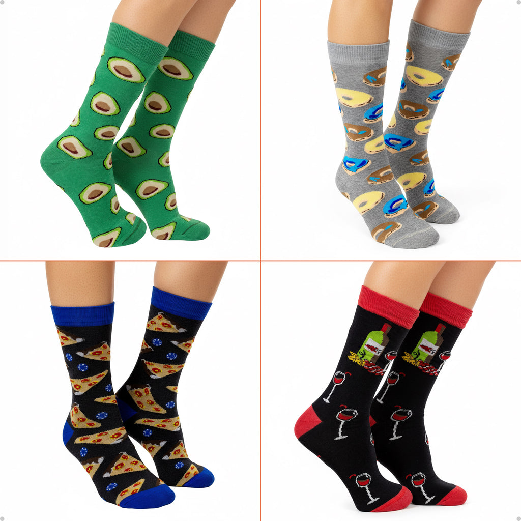 Kit 4 Meias Cano Alto Gourmet Pizza Vinho Abacate Donut