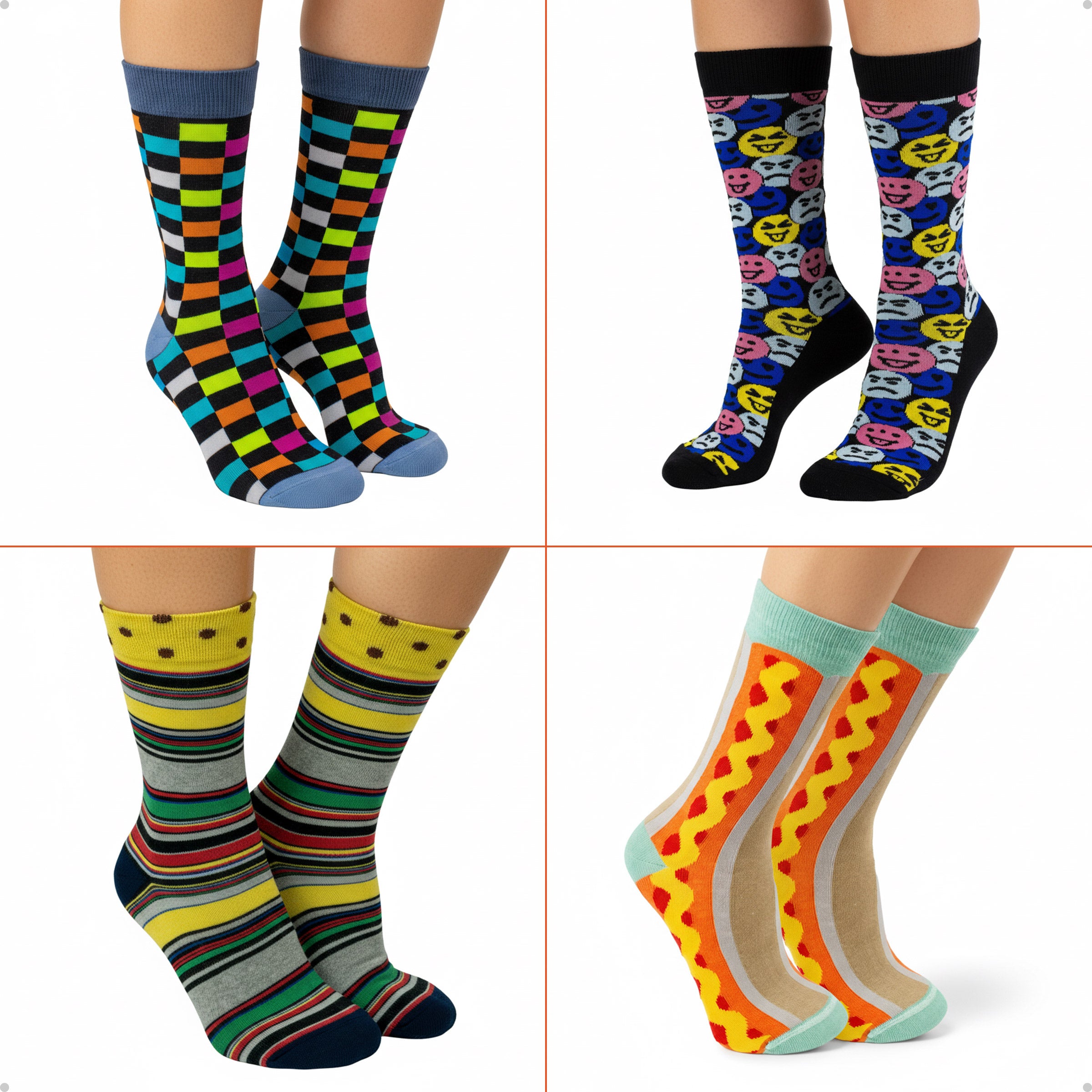 Kit 4 Meias Cano Alto Coloridas Xadrez Emoji Listras Hotdog
