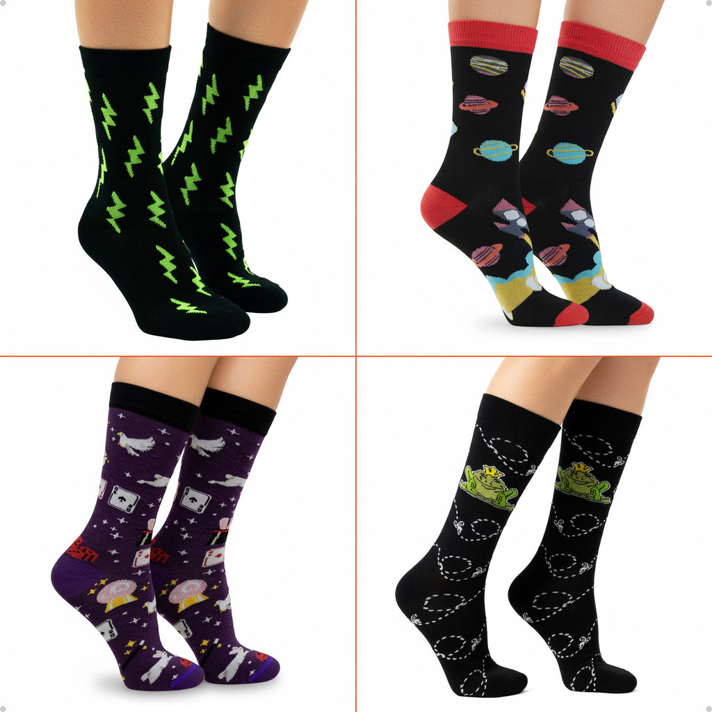 Kit 4 Meias Cano Alto Espacial Alien Planetas Mágica Sapo Cururu