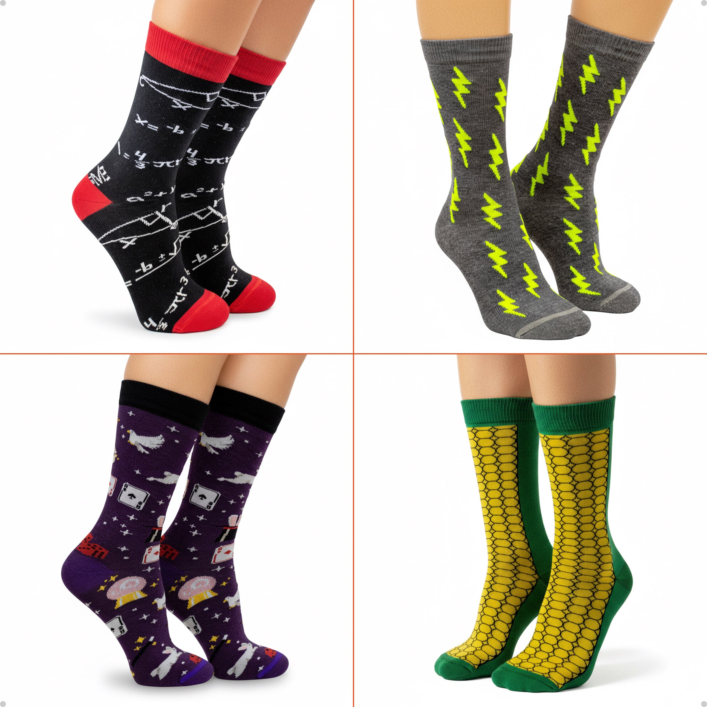 Kit 4 Meias Cano Alto Geek Matemática Raio Mágica Milho
