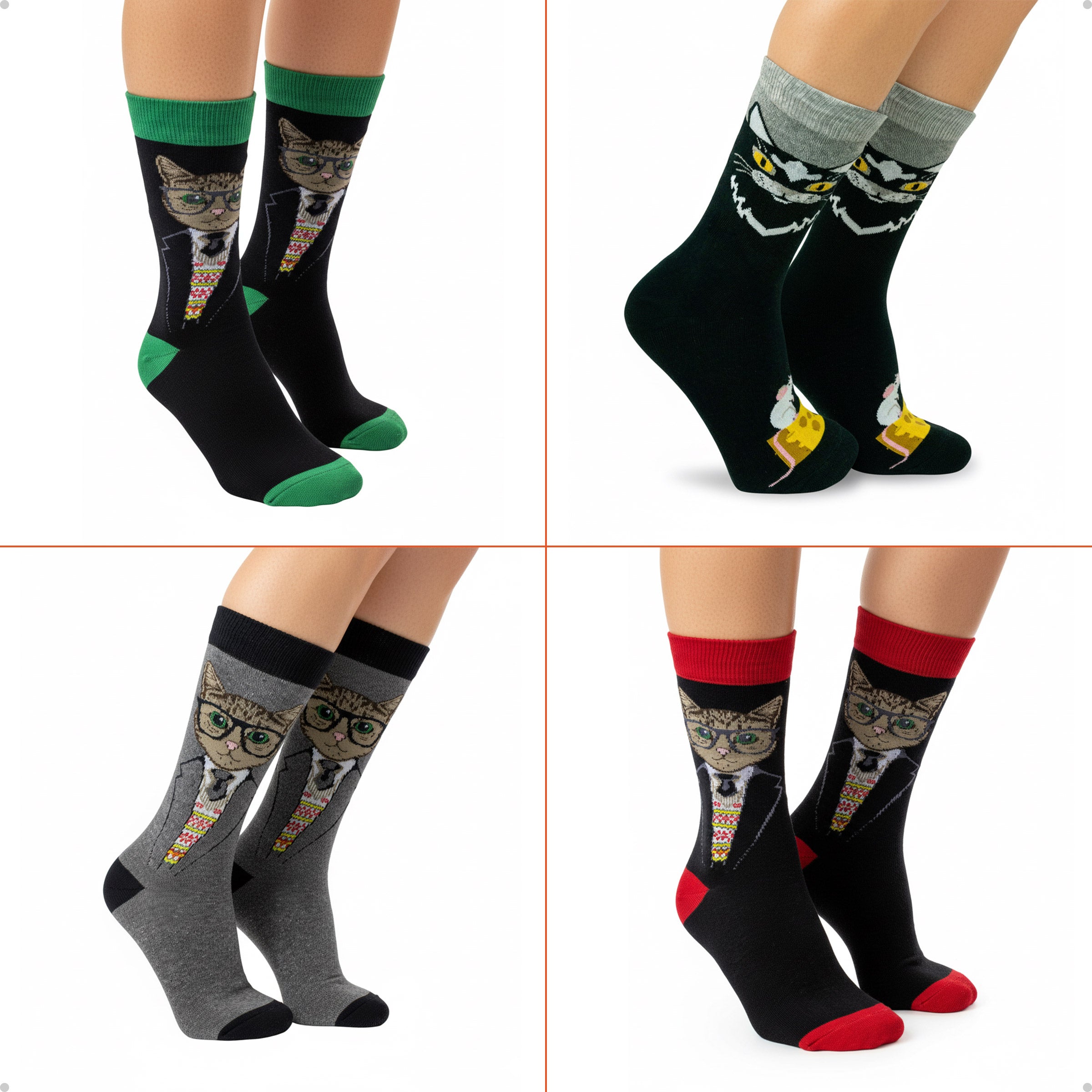 Kit 4 Meias Cano Alto Loucos por Gatos Salem e Gatos de Óculos