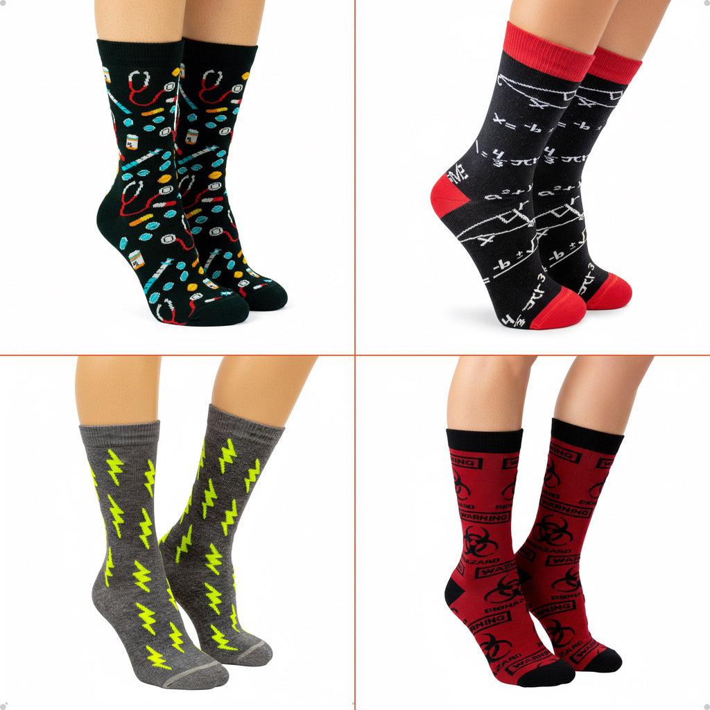 Kit 4 Meias Cano Alto Nerd Matemática Medicina Raio Alerta Vermelho