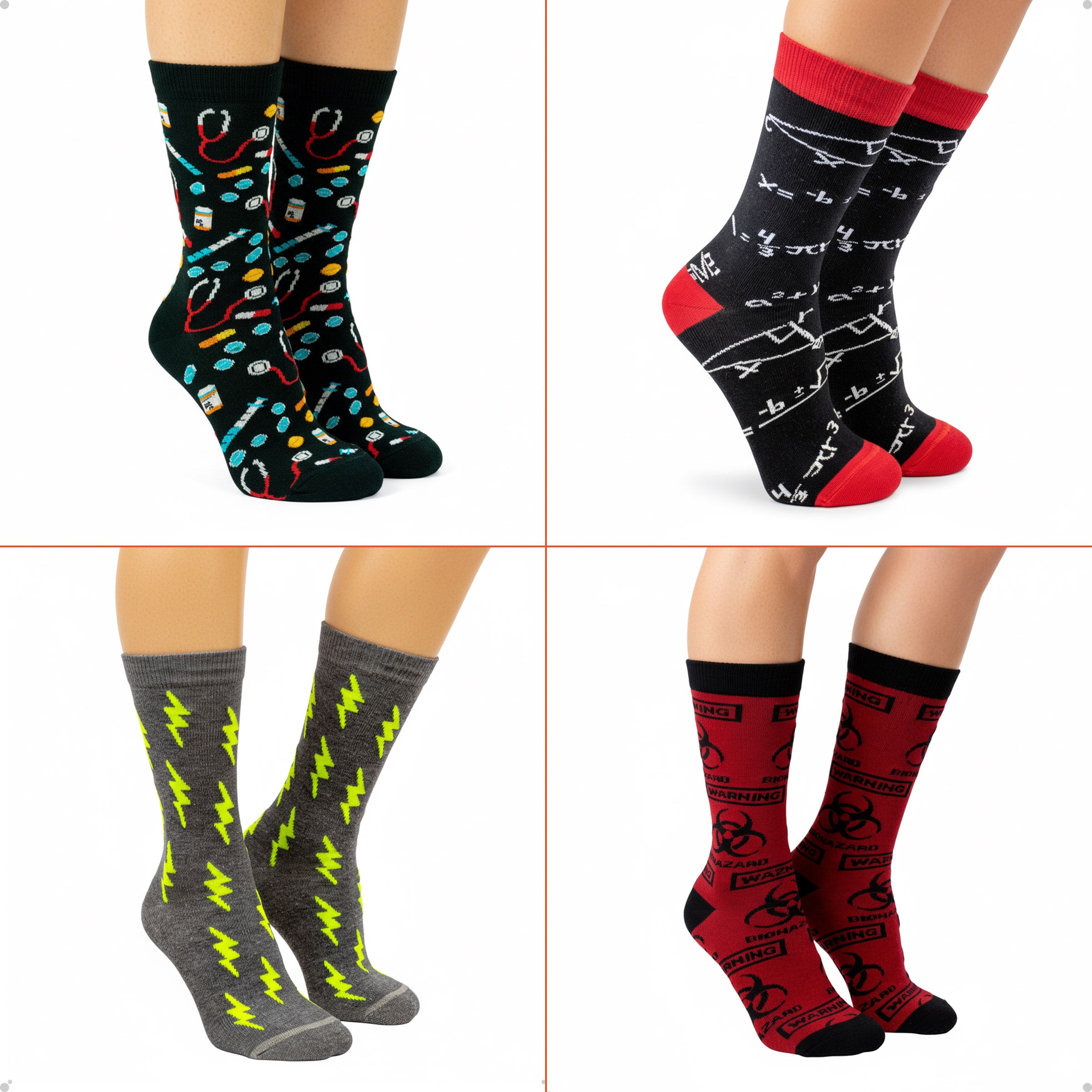 Kit 4 Meias Cano Alto Nerd Matemática Medicina Raio Alerta Vermelho