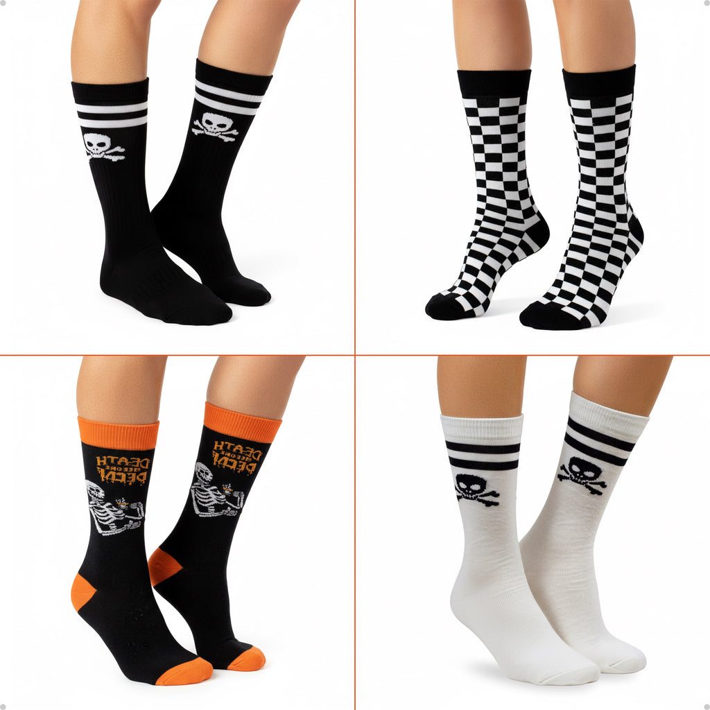Kit 4 Meias Cano Alto Rock Caveira Quadriculada