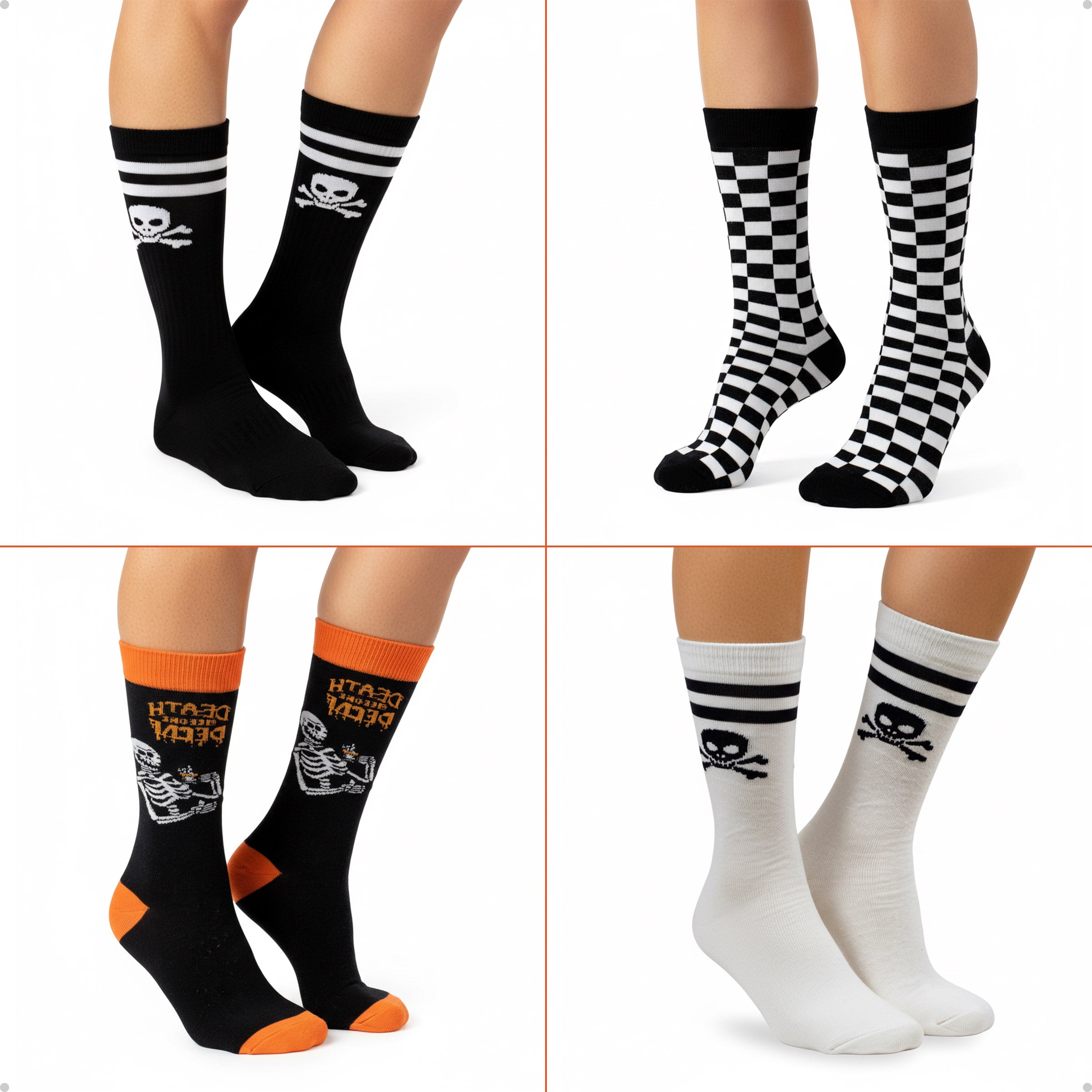 Kit 4 Meias Cano Alto Rock Caveira Quadriculada