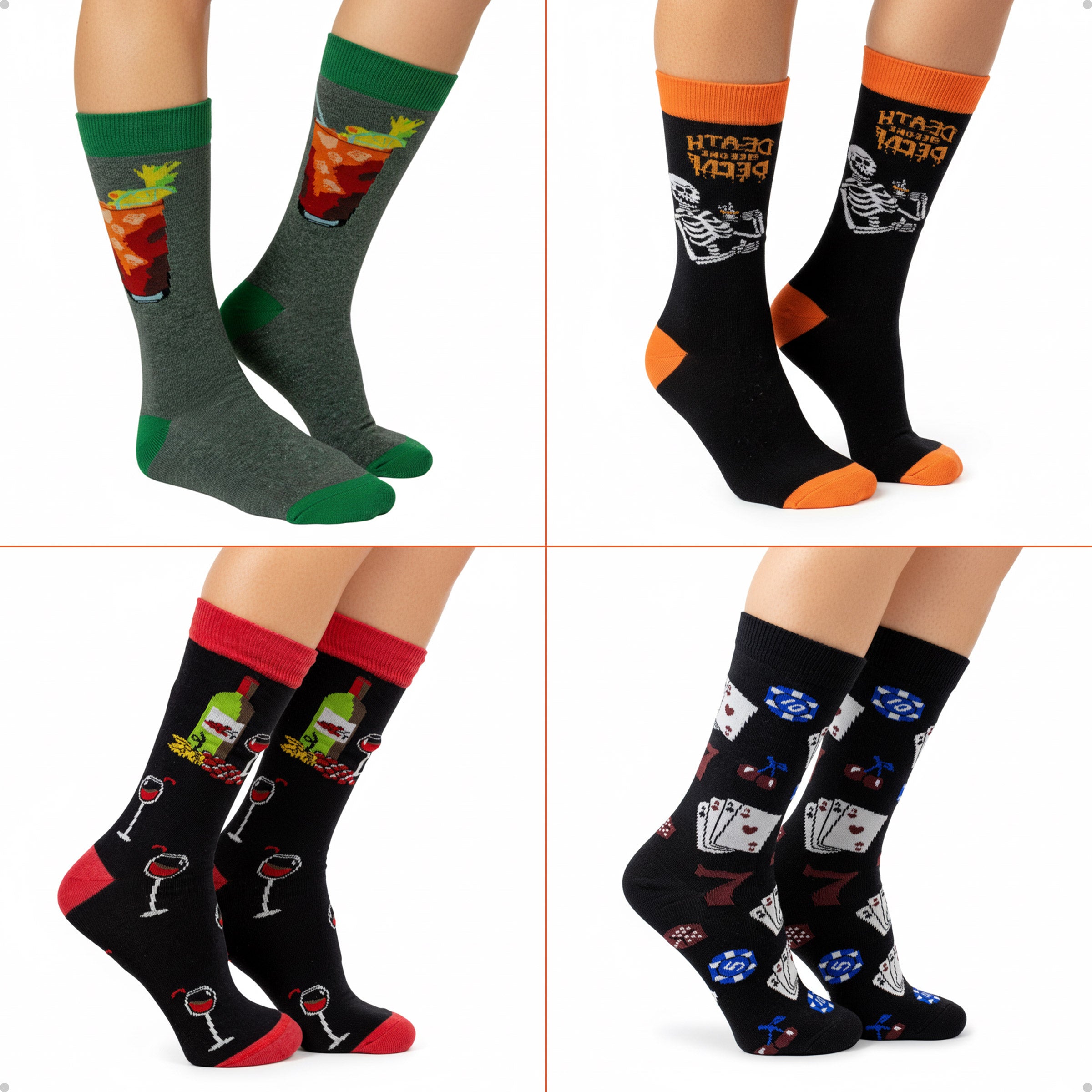 Kit 4 Meias Cano Alto Sextou! Drink Caveira Cafeína Vinho Poker