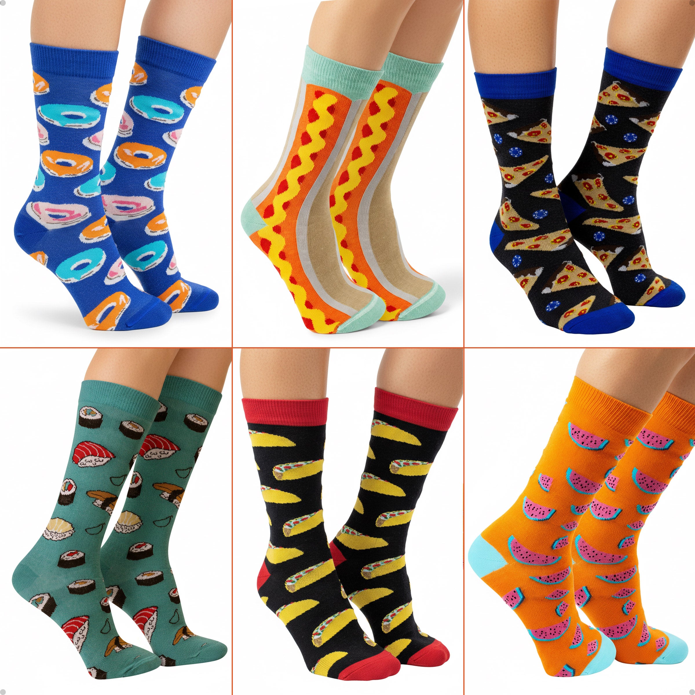 Kit 6 Meias Cano Alto Food Lovers Donut Hotdog Pizza Sushi Tacos Melancia