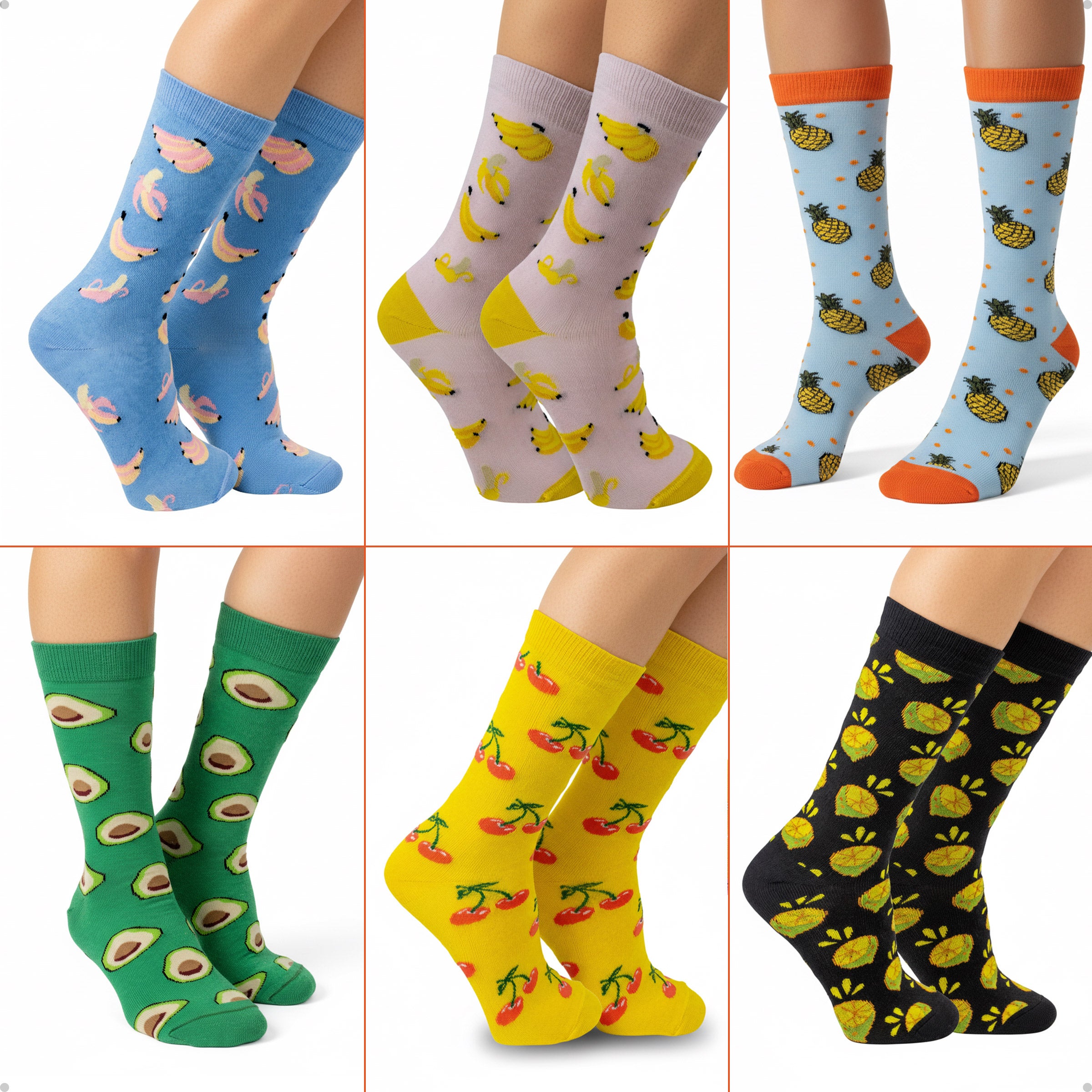 Kit 6 Meias Cano Alto Frutas Banana Abacaxi Abacate Cereja Limão