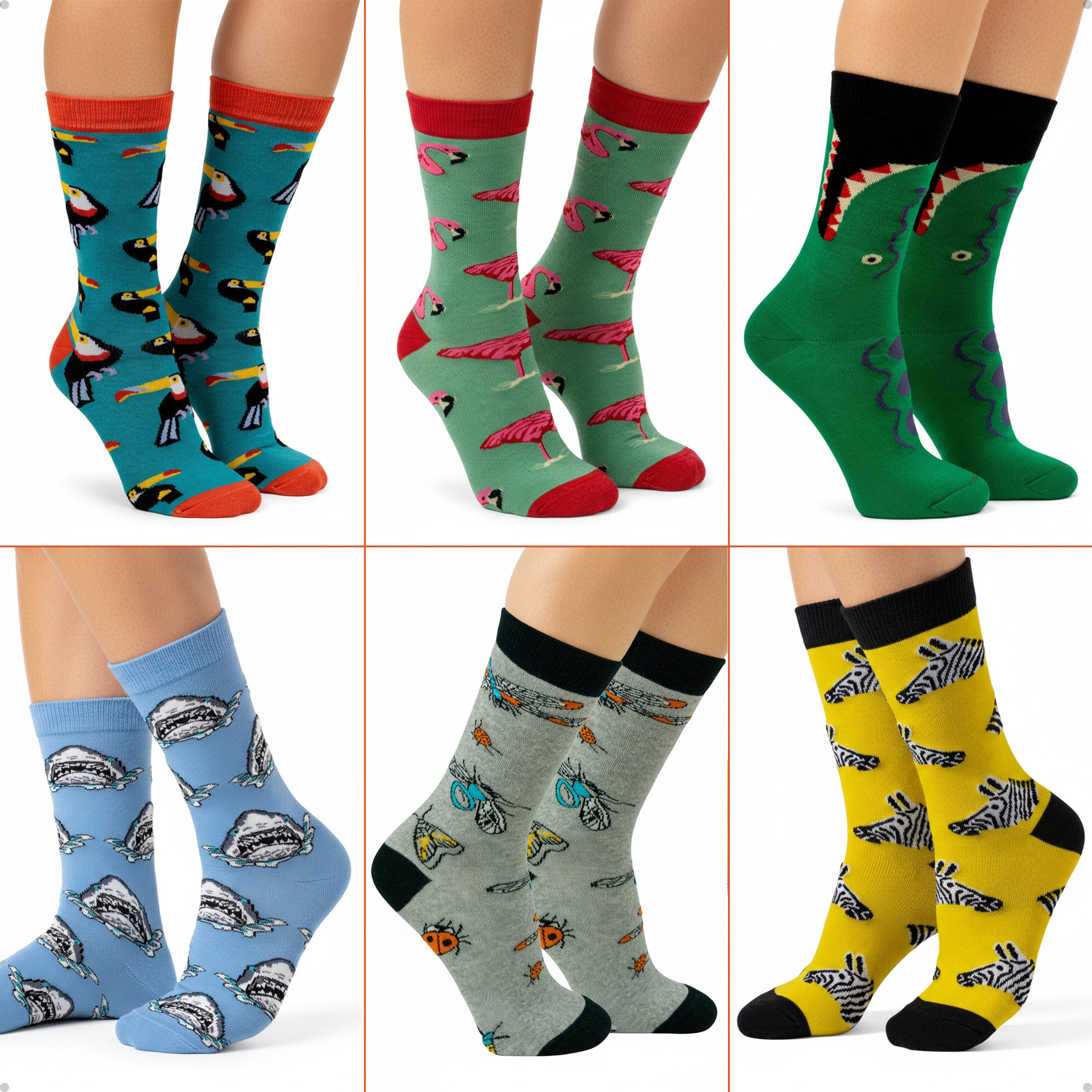 Kit 6 Meias Cano Alto Safari Tucano Flamingo Jacaré Tubarão Insetos Zebra