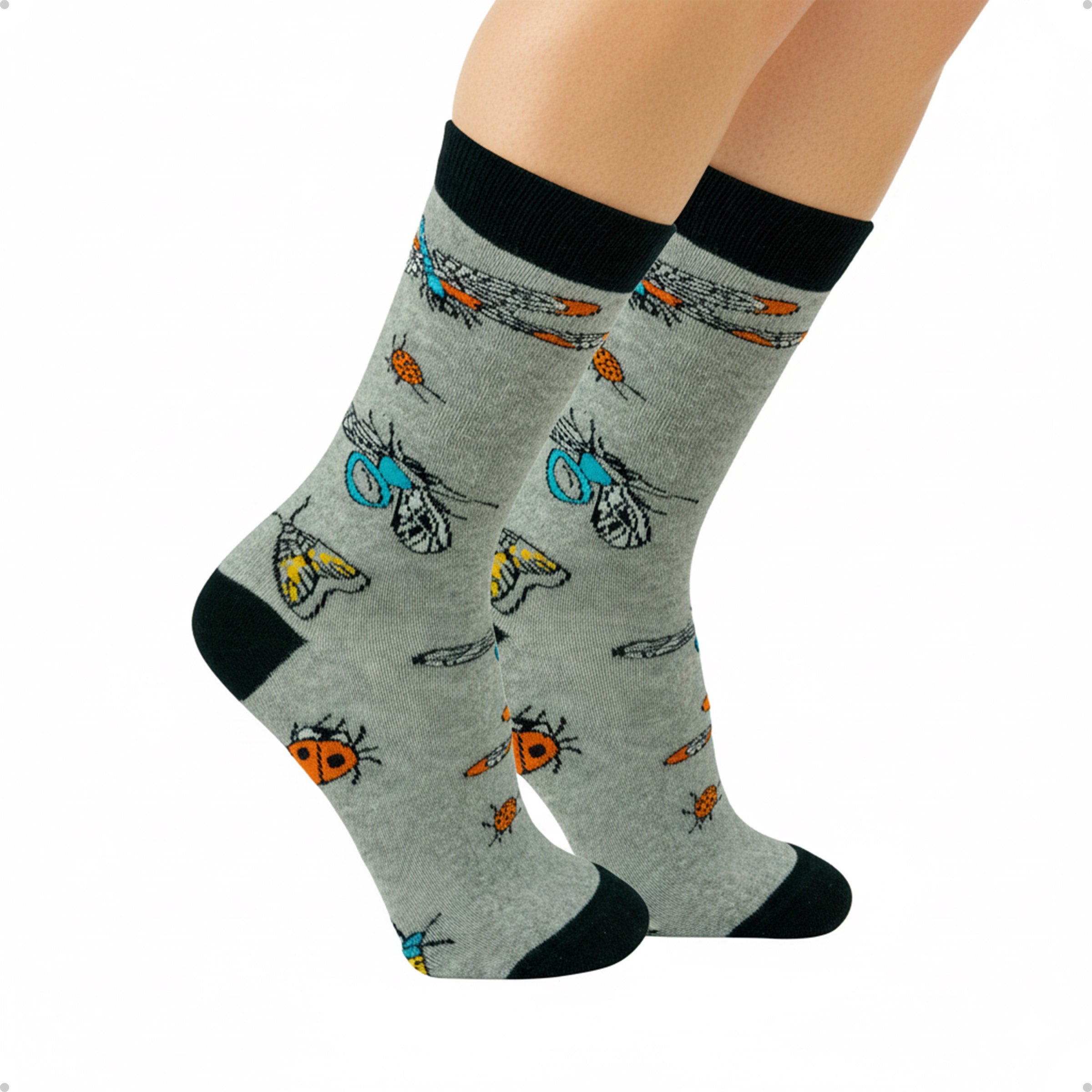 Meia Divertida Estampada Oddo Cano Longo Cinza Insetos Borboleta Joaninha