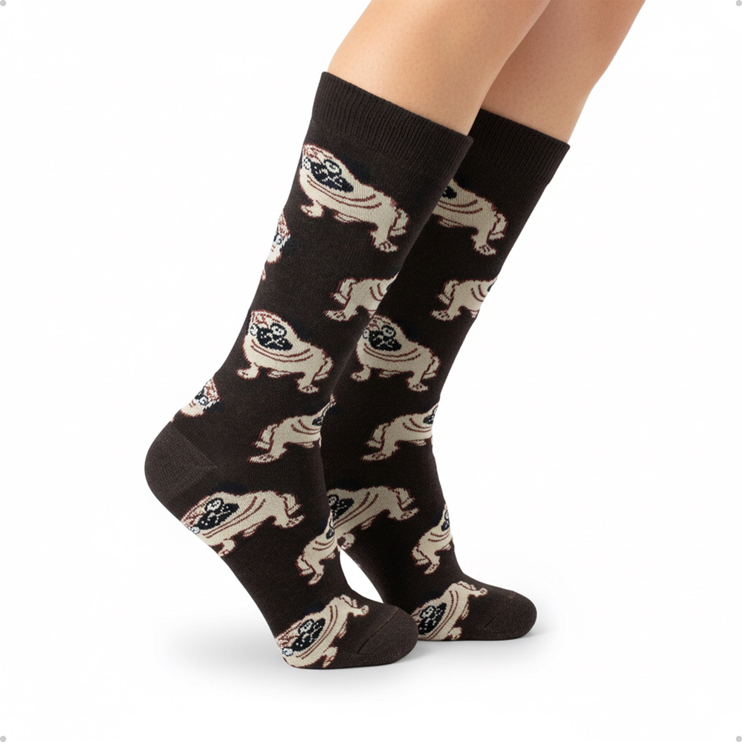 Meia Divertida Estampada Oddo Cano Longo Marrom Cachorro Pug