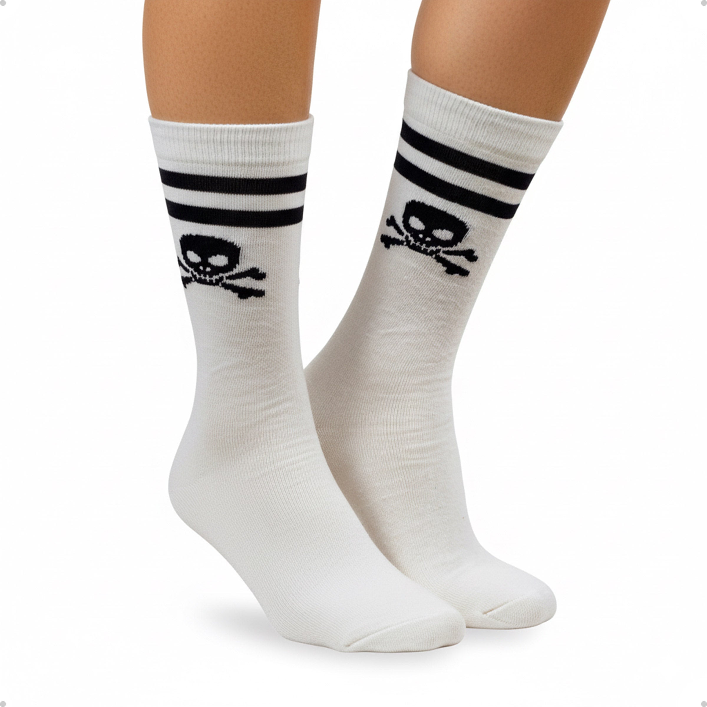 Meia Divertida Estampada Oddo Cano Longo Branca Caveira Com Listras