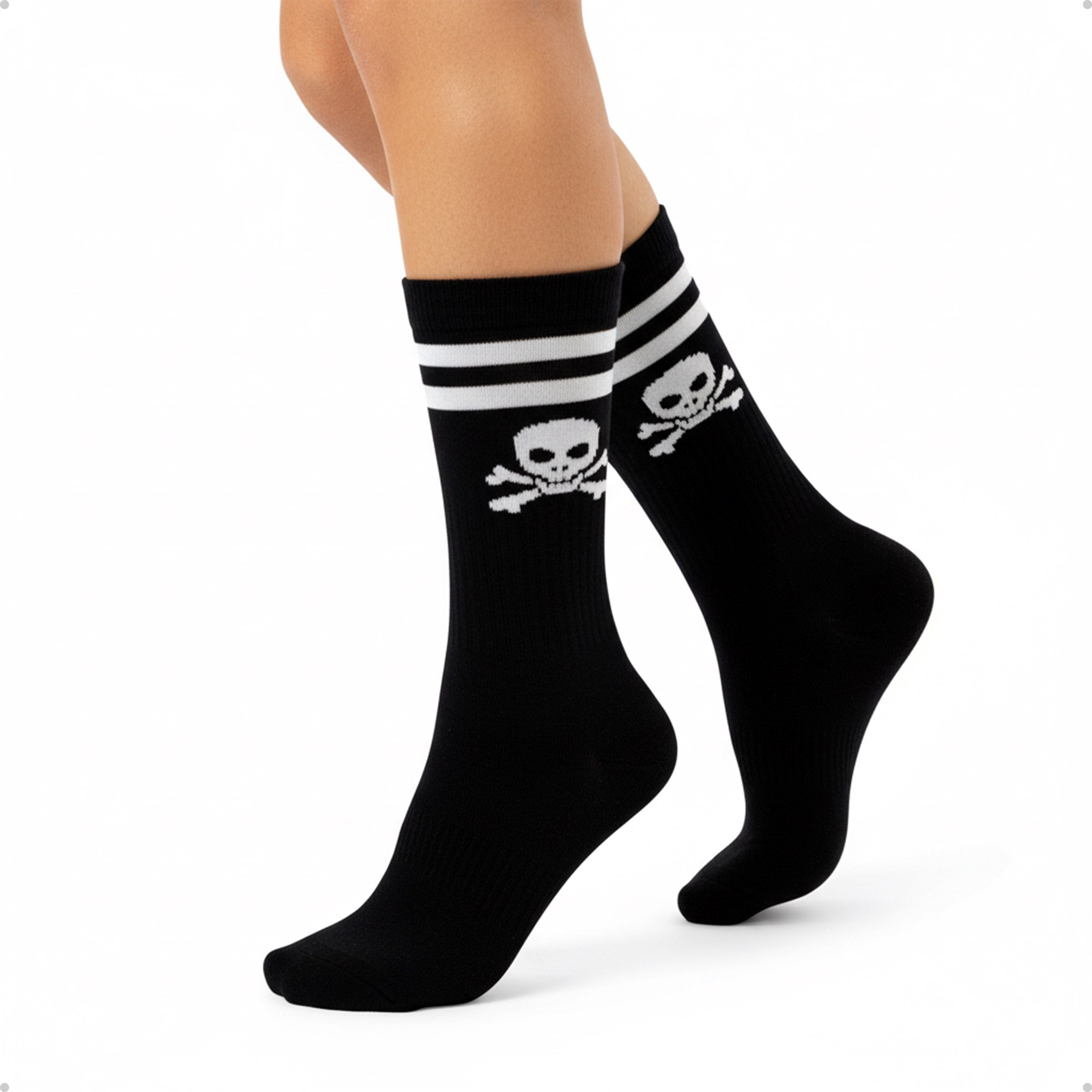 Meia Divertida Estampada Oddo Cano Longo Preta Caveira Com Listras