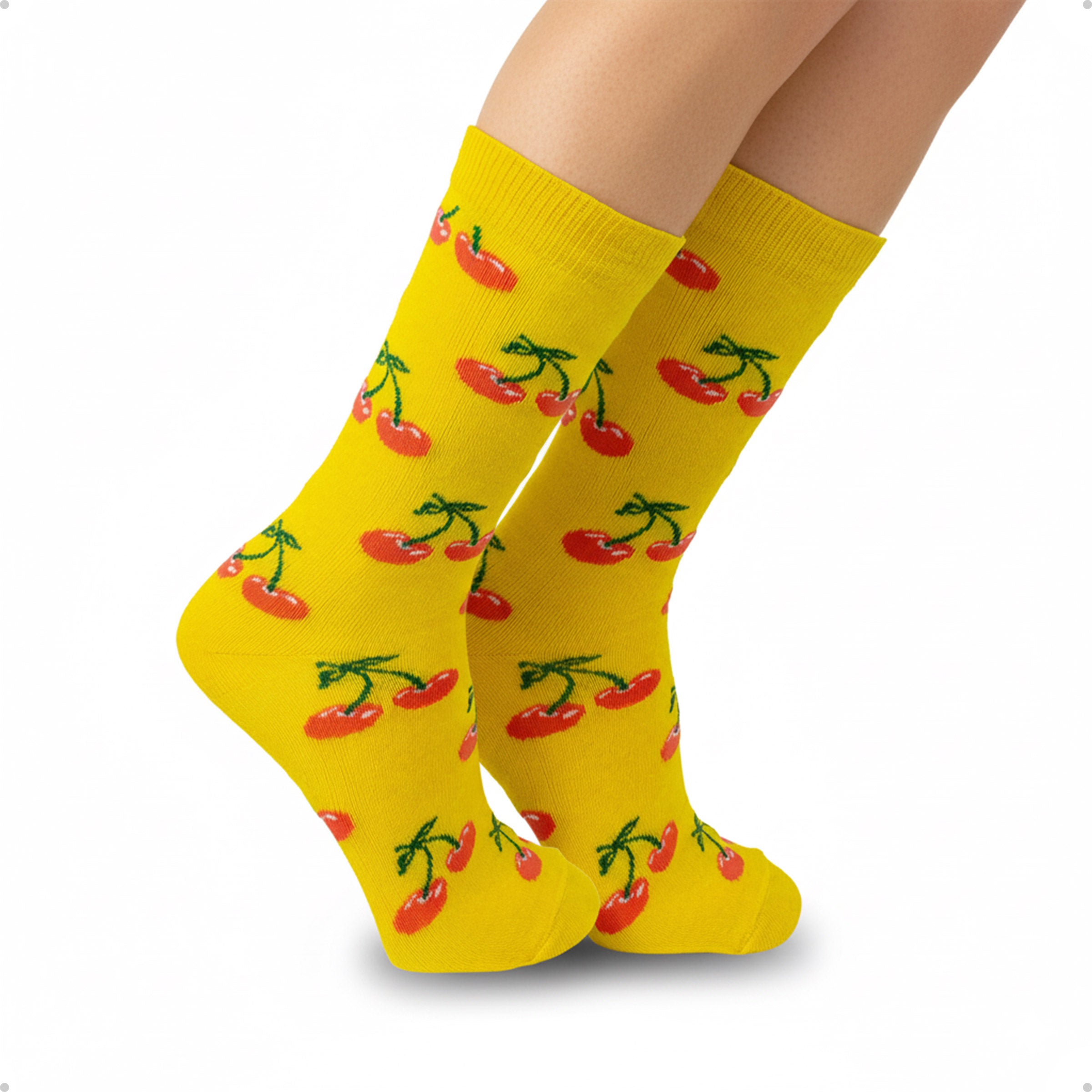 Meia Divertida Estampada Oddo Cano Longo Amarela Cereja