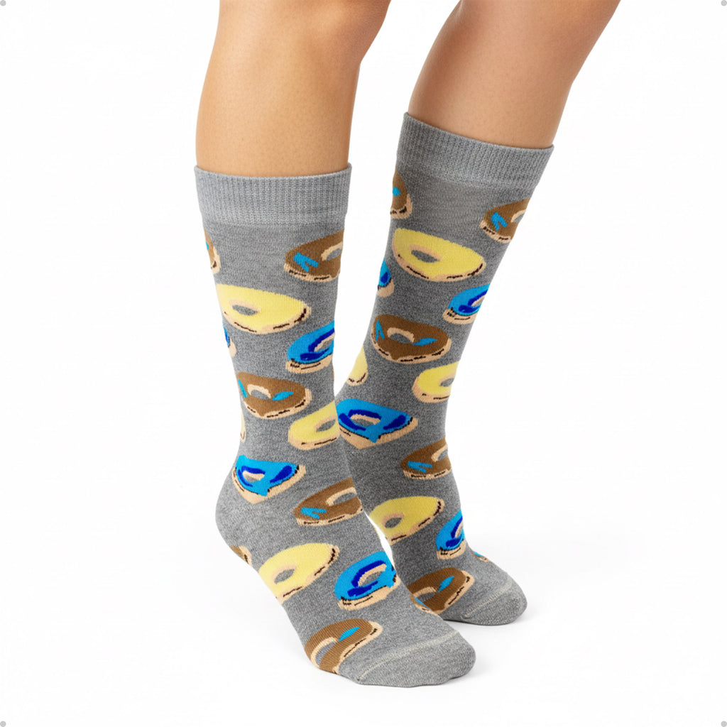 Meia Divertida Estampada Oddo Cano Longo Cinza Amarelo Azul Donut