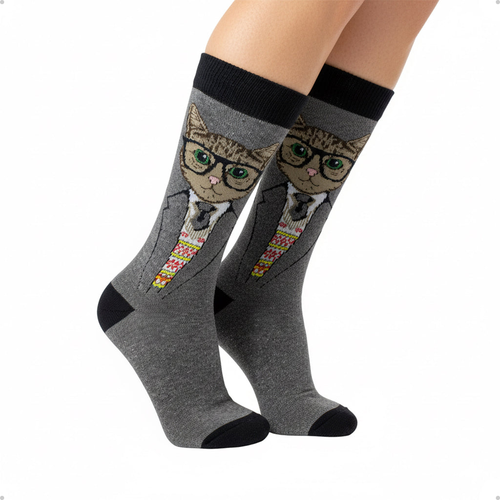 Meia Divertida Estampada Oddo Cano Longo Preta Cinza Gato Com Óculos