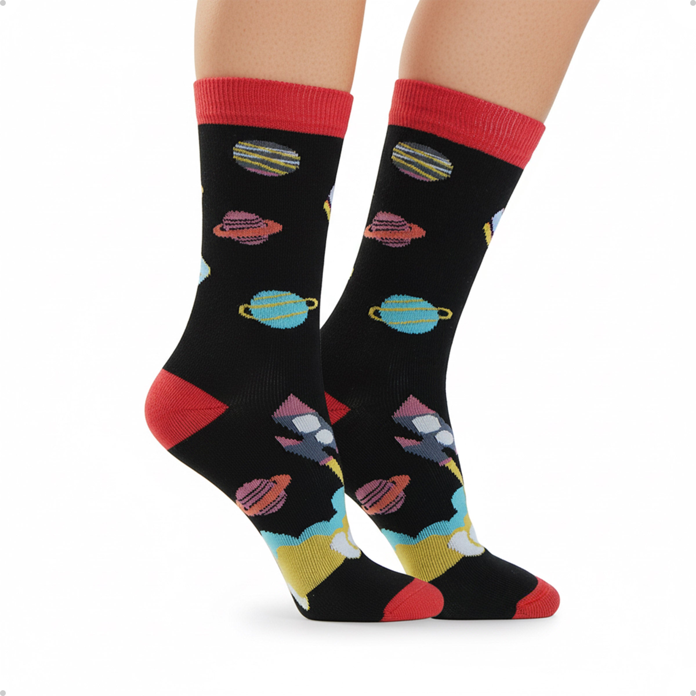 Meia Divertida Estampada Oddo Cano Longo Preta Espaço Sideral Planetas