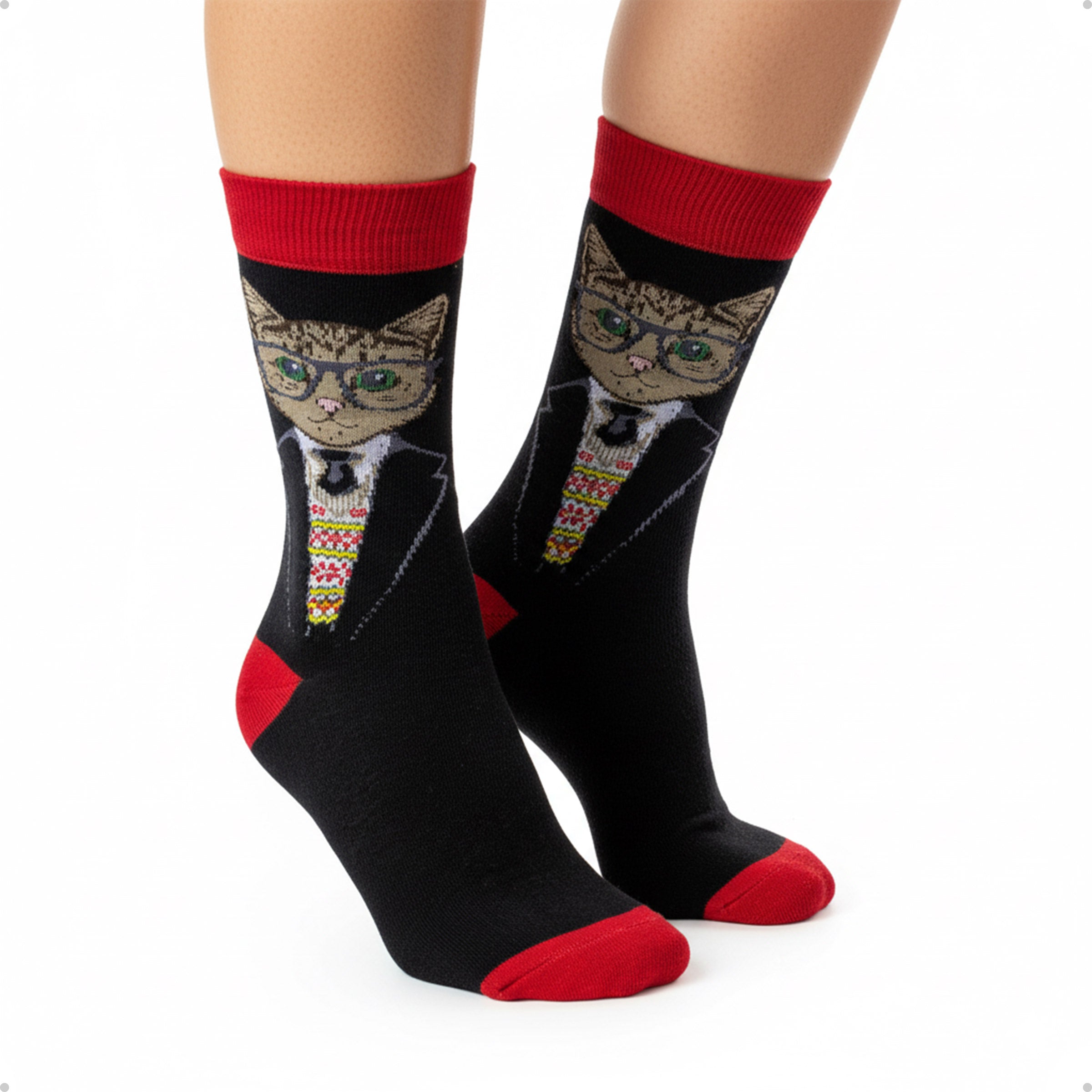 Meia Divertida Estampada Oddo Cano Longo  Vermelha Preta Gato Óculos