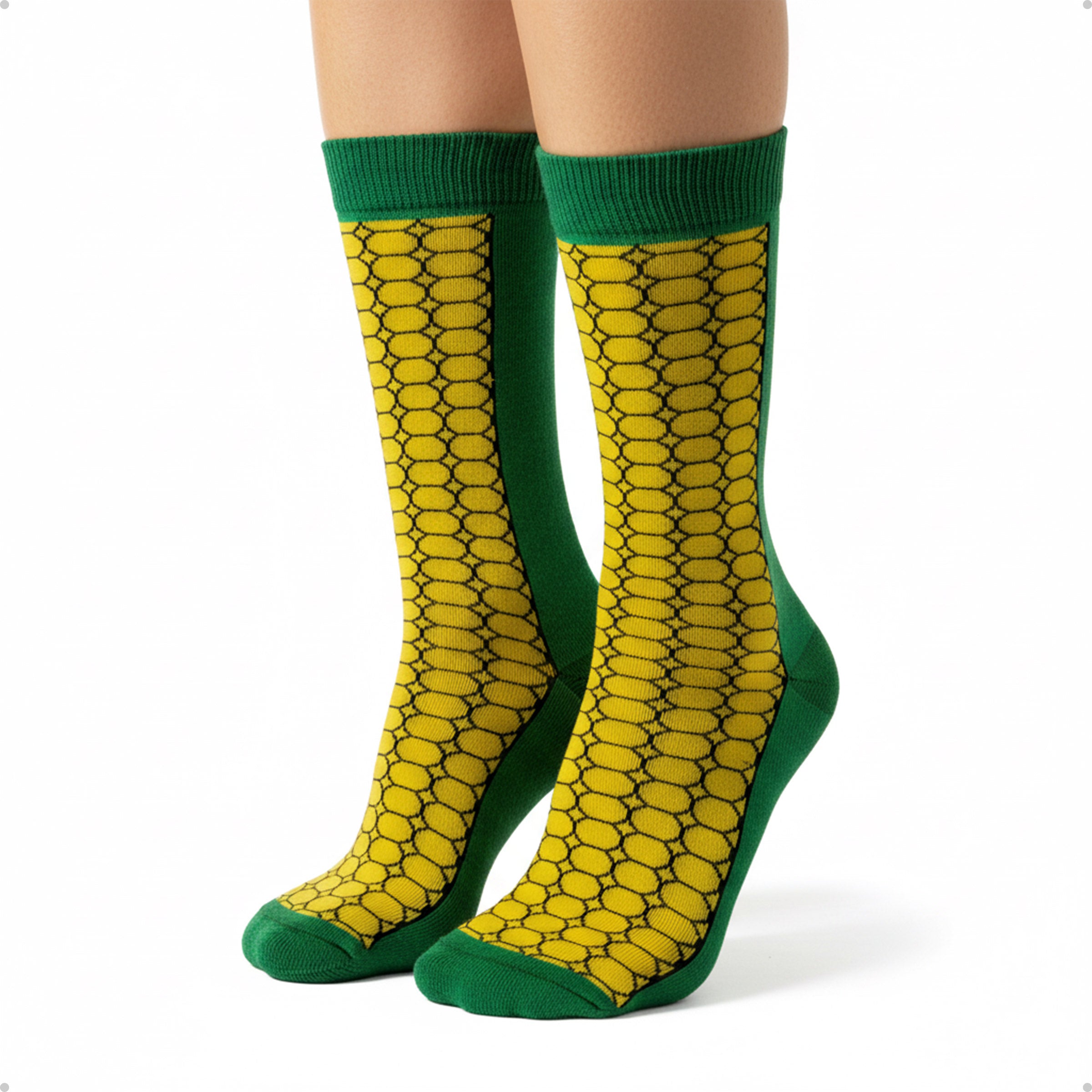 Meia Divertida Estampada Oddo Cano Longo Verde e Amarelo Milho