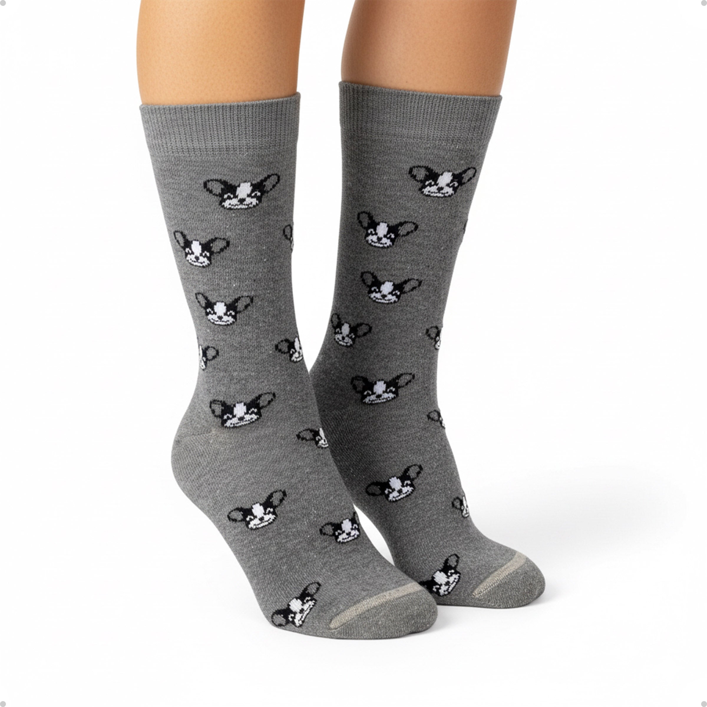 Meia Divertida Estampada Oddo Cano Longo Cinza Mini Bulldog Francês