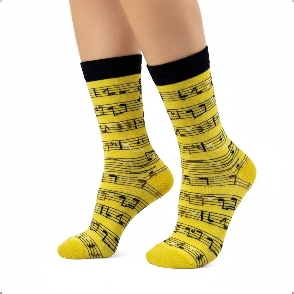 Meia Divertida Estampada Oddo Cano Longo Amarela Notas Musicais