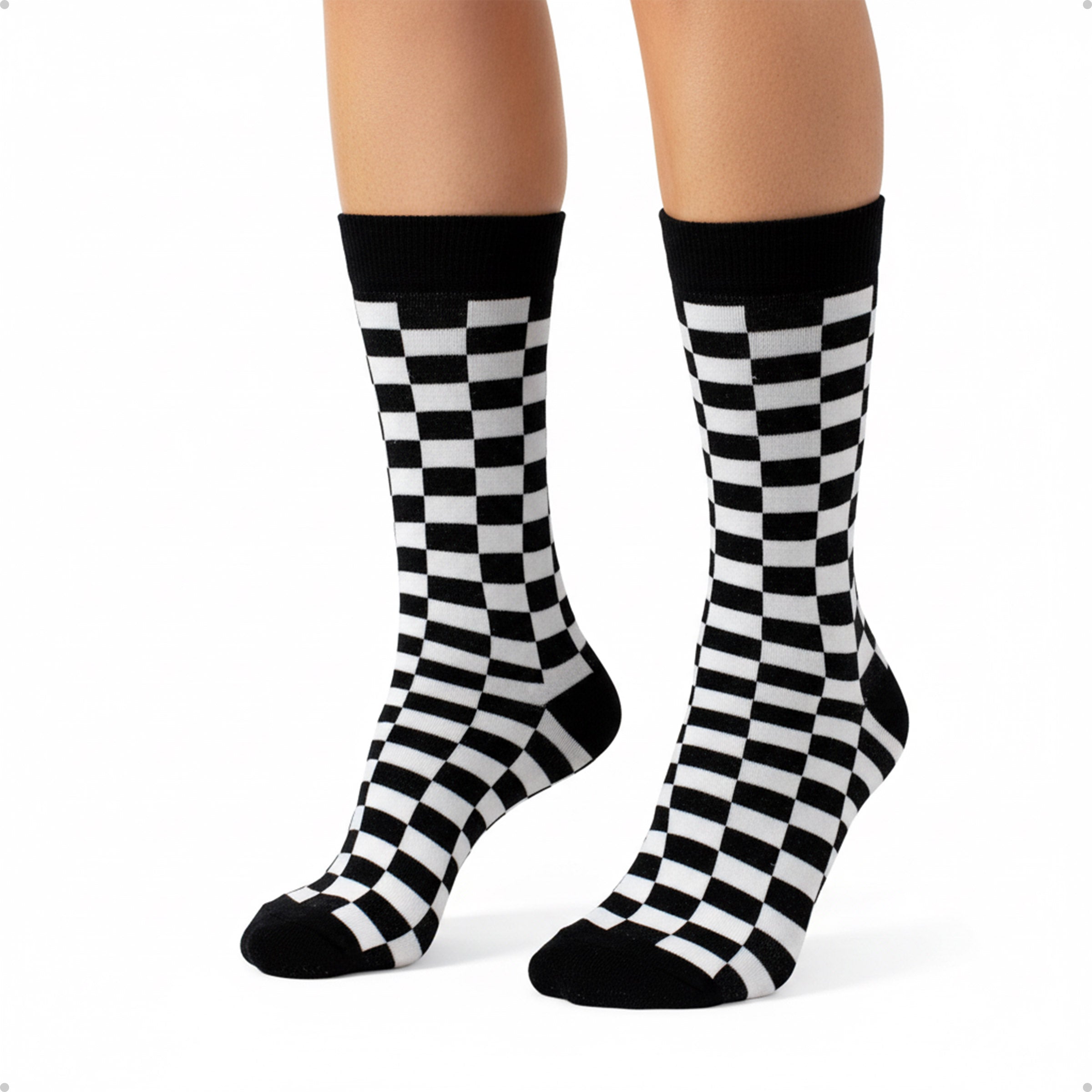 Meia Divertida Estampada Oddo Cano Longo Preta Branca Quadriculada