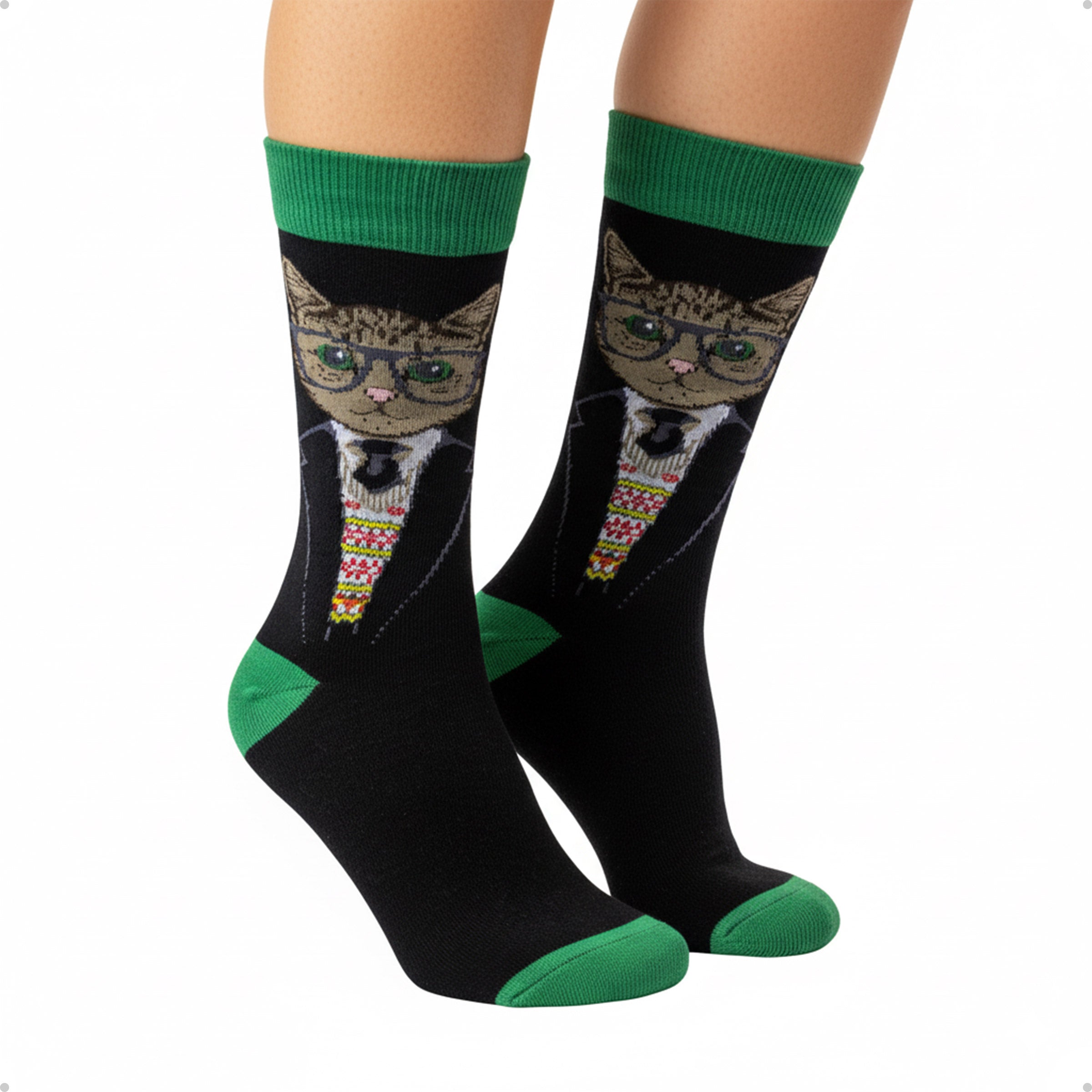 Meia Divertida Estampada Oddo Cano Longo Verde Preta Gato Óculos