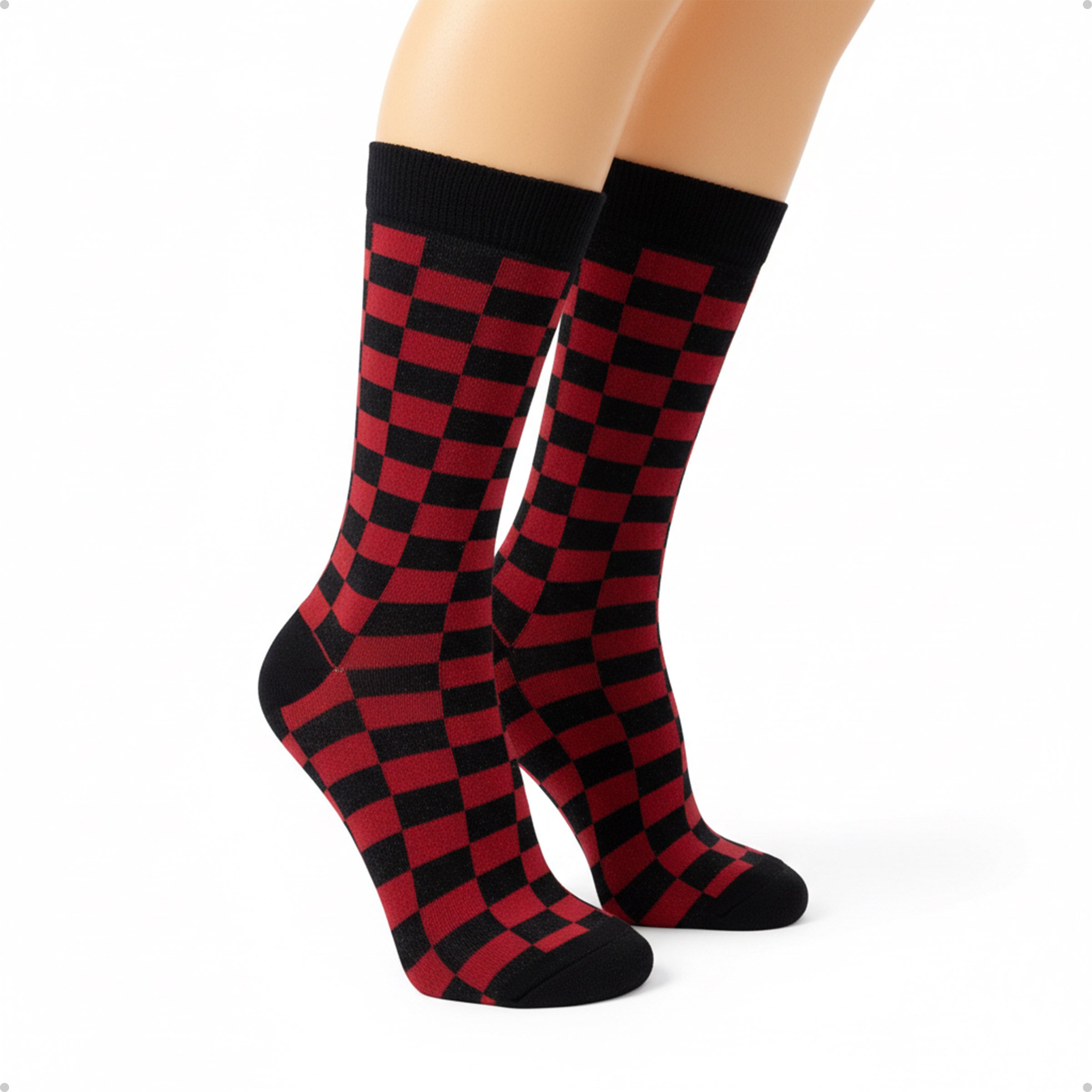 Meia Divertida Estampada Oddo Cano Longo Preta Vermelha Quadriculada