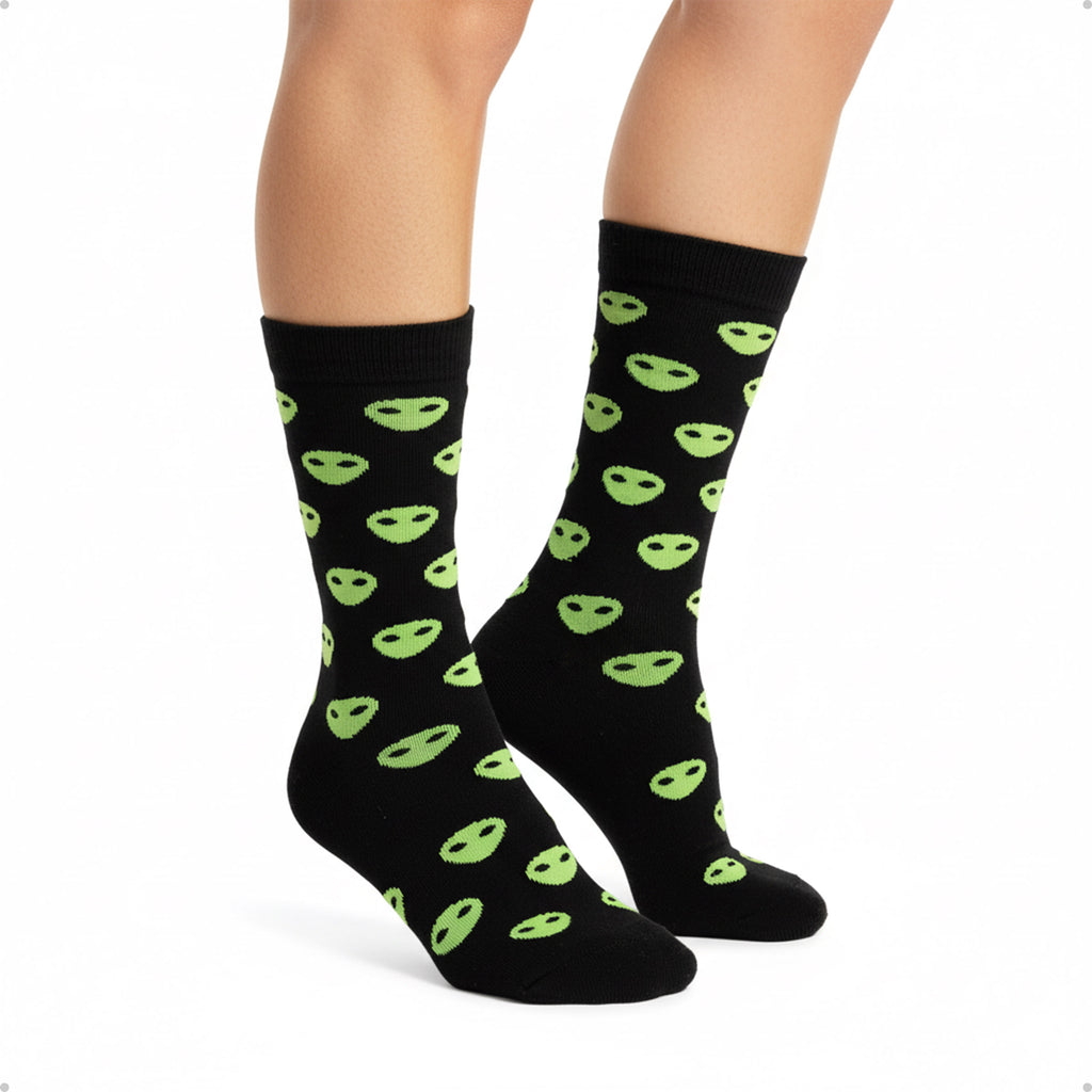 Meia Divertida Estampada Oddo Cano Longo Preta Alien