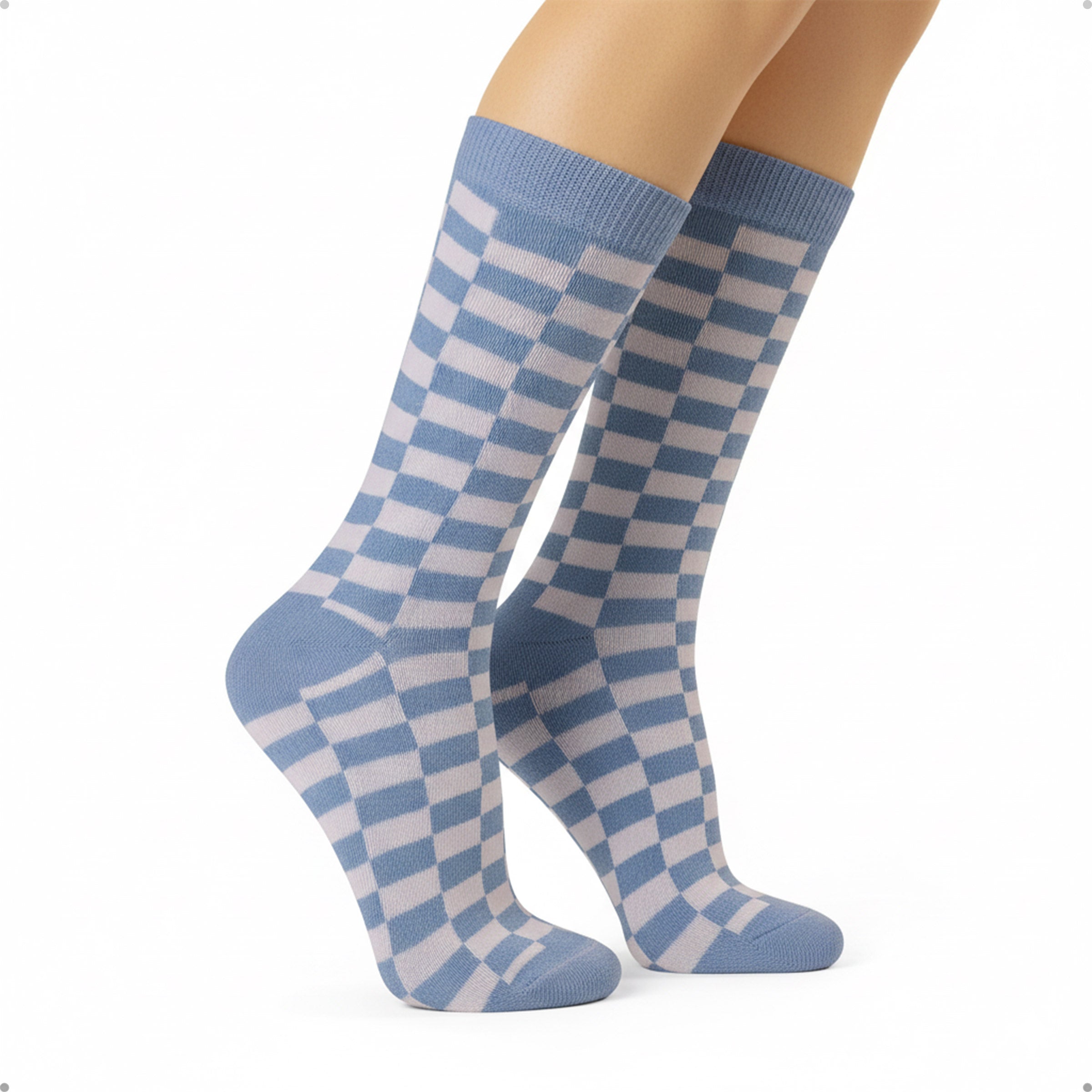 Meia Divertida Estampada Oddo Cano Longo Azul Branca Quadriculada