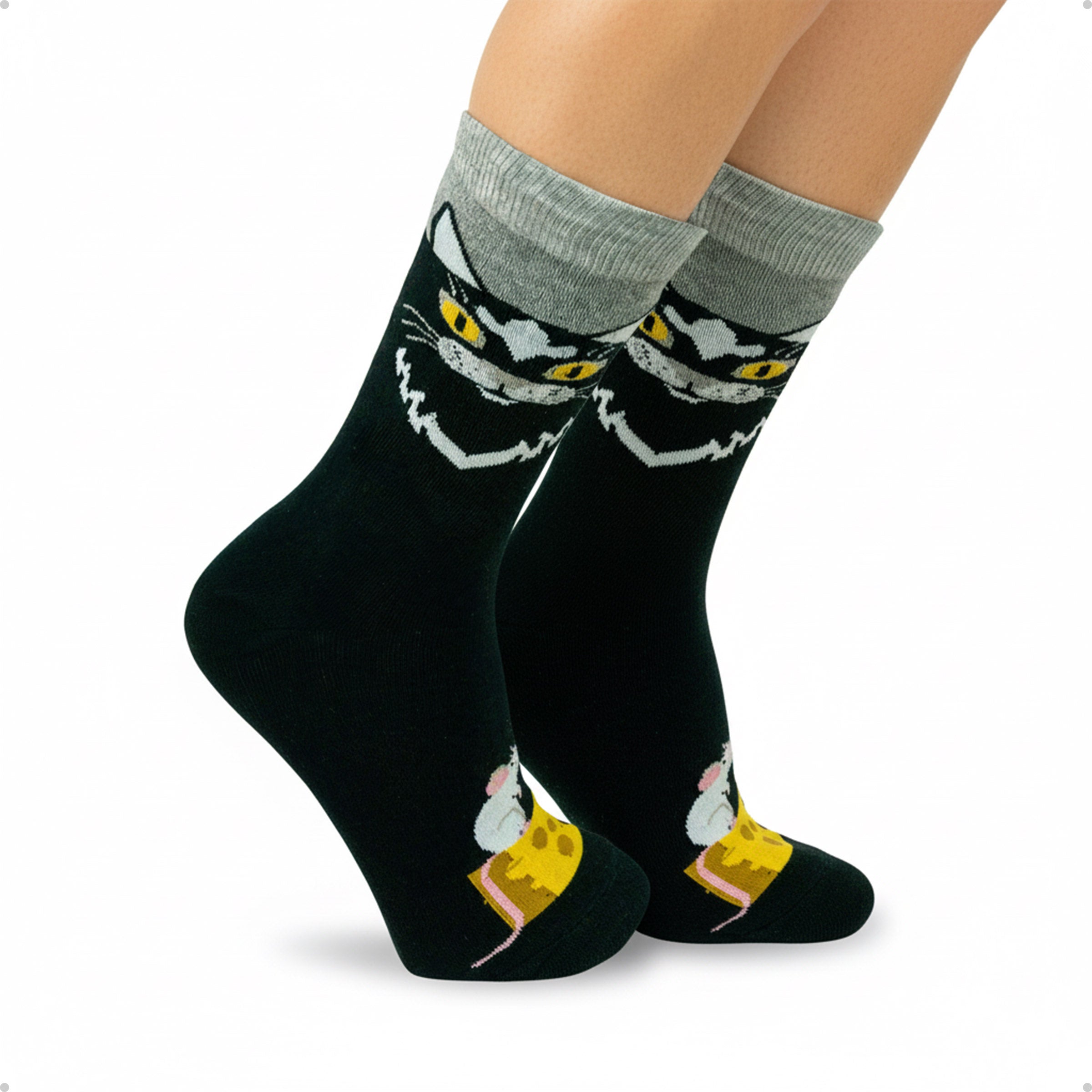 Meia Divertida Estampada Oddo Cano Longo Preta Gato Salem