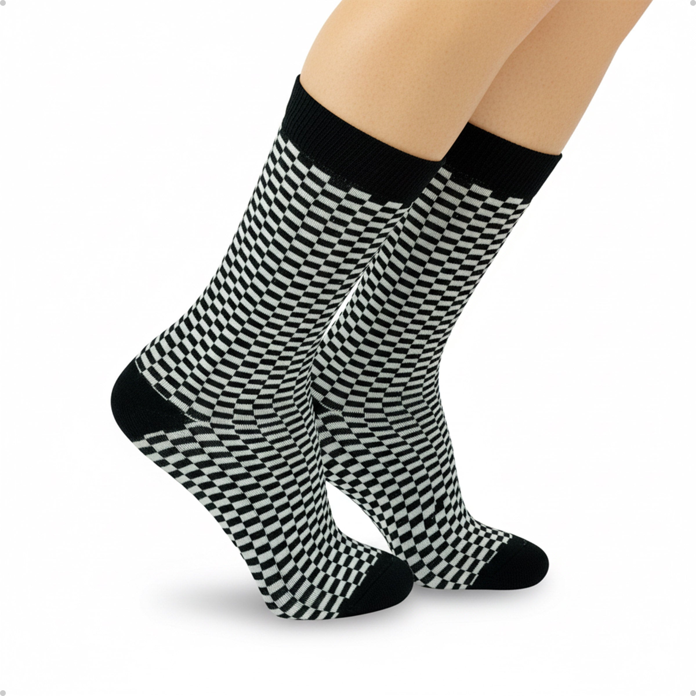 Meia Divertida Estampada Oddo Cano Longo Preta Branca Quadriculada Mini