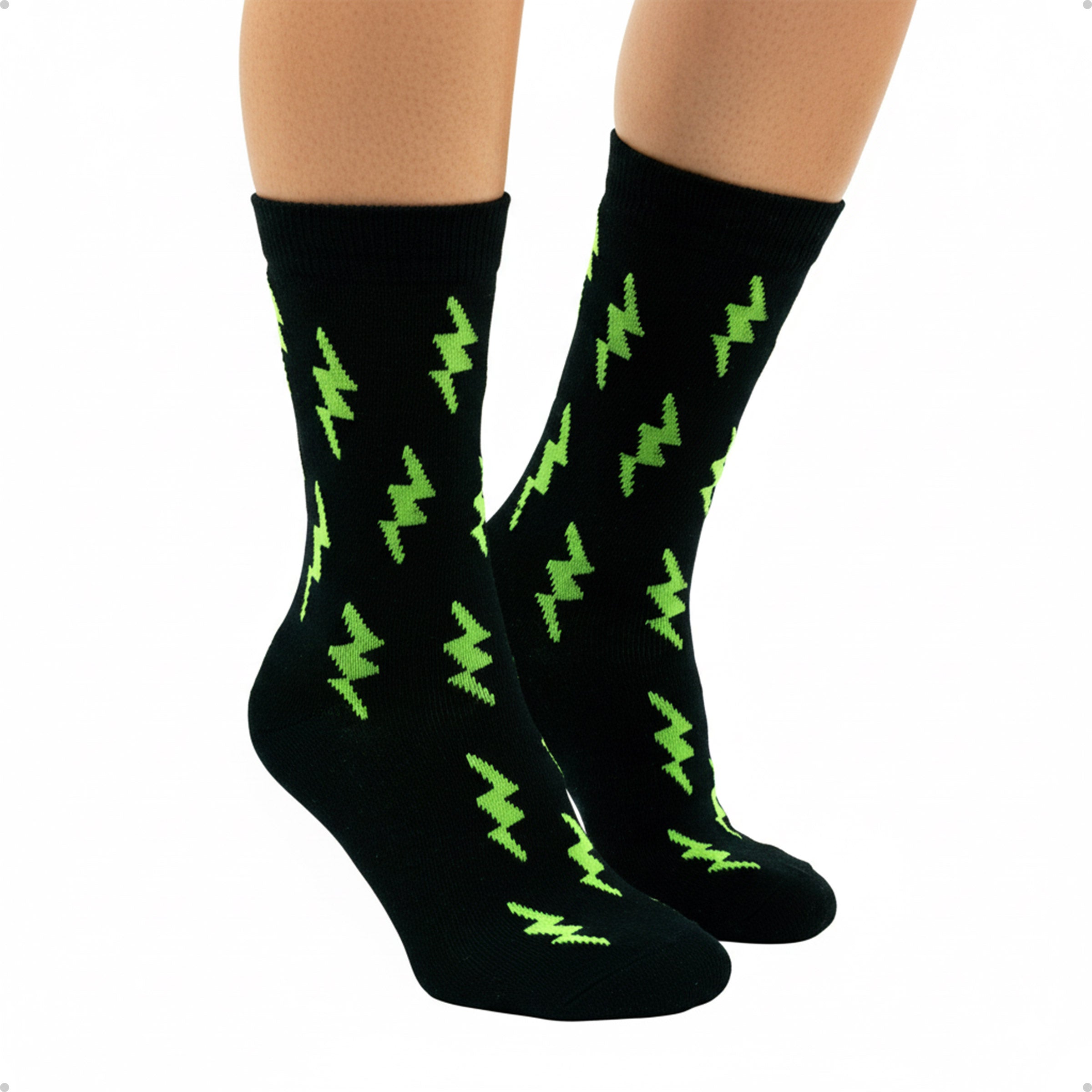 Meia Divertida Estampada Oddo Cano Longo Preta Raio Verde