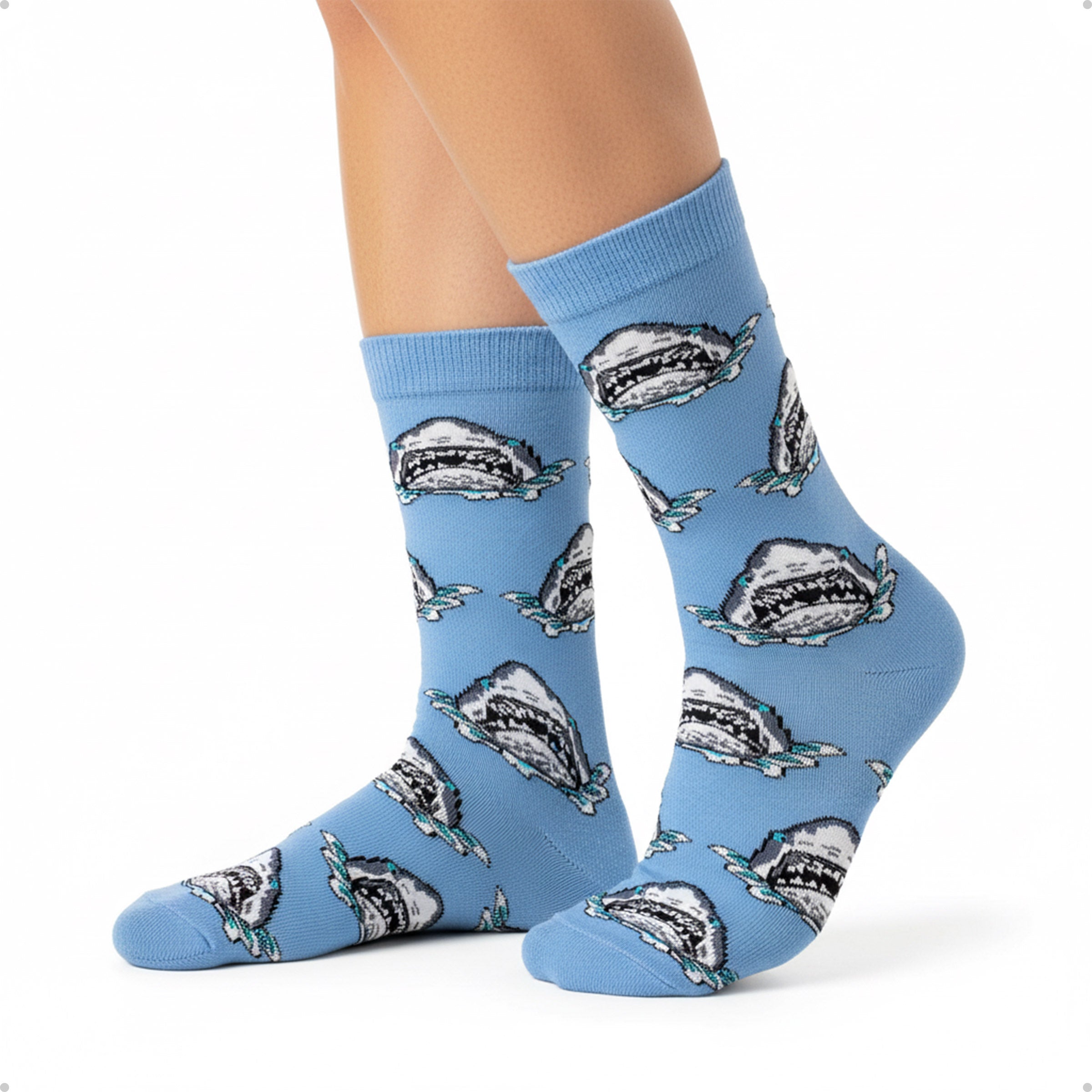 Meia Divertida Estampada Oddo Cano Longo Azul Tubarão Shark
