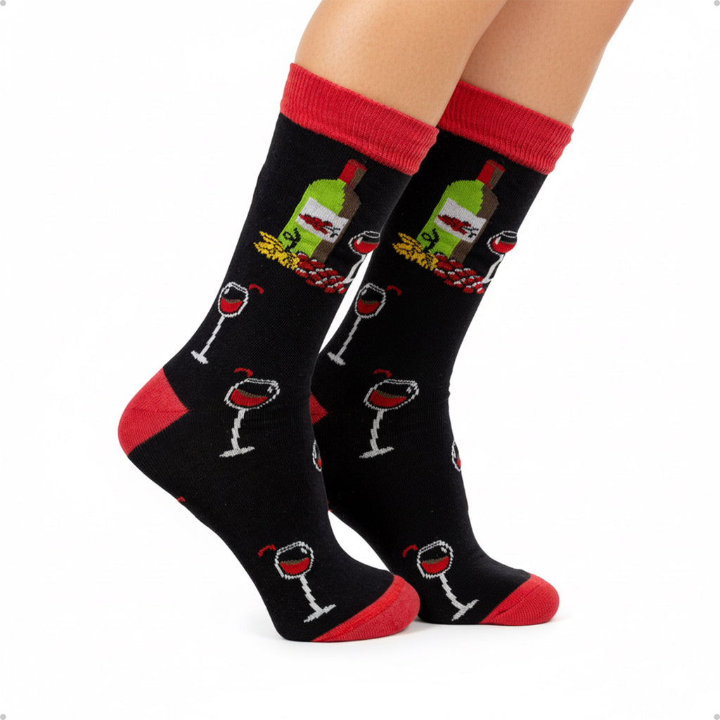 Meia Divertida Estampada Oddo Cano Longo Preta Taça Garrafa de Vinho